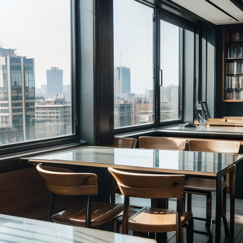 ((masterpiece、top-quality、8k、超A high resolution))、(细致背景、细致背景)、cafes、Stylish silver table、Books opened on the table、Glass window in the back、Sunnyday、daytime、(no human figures)