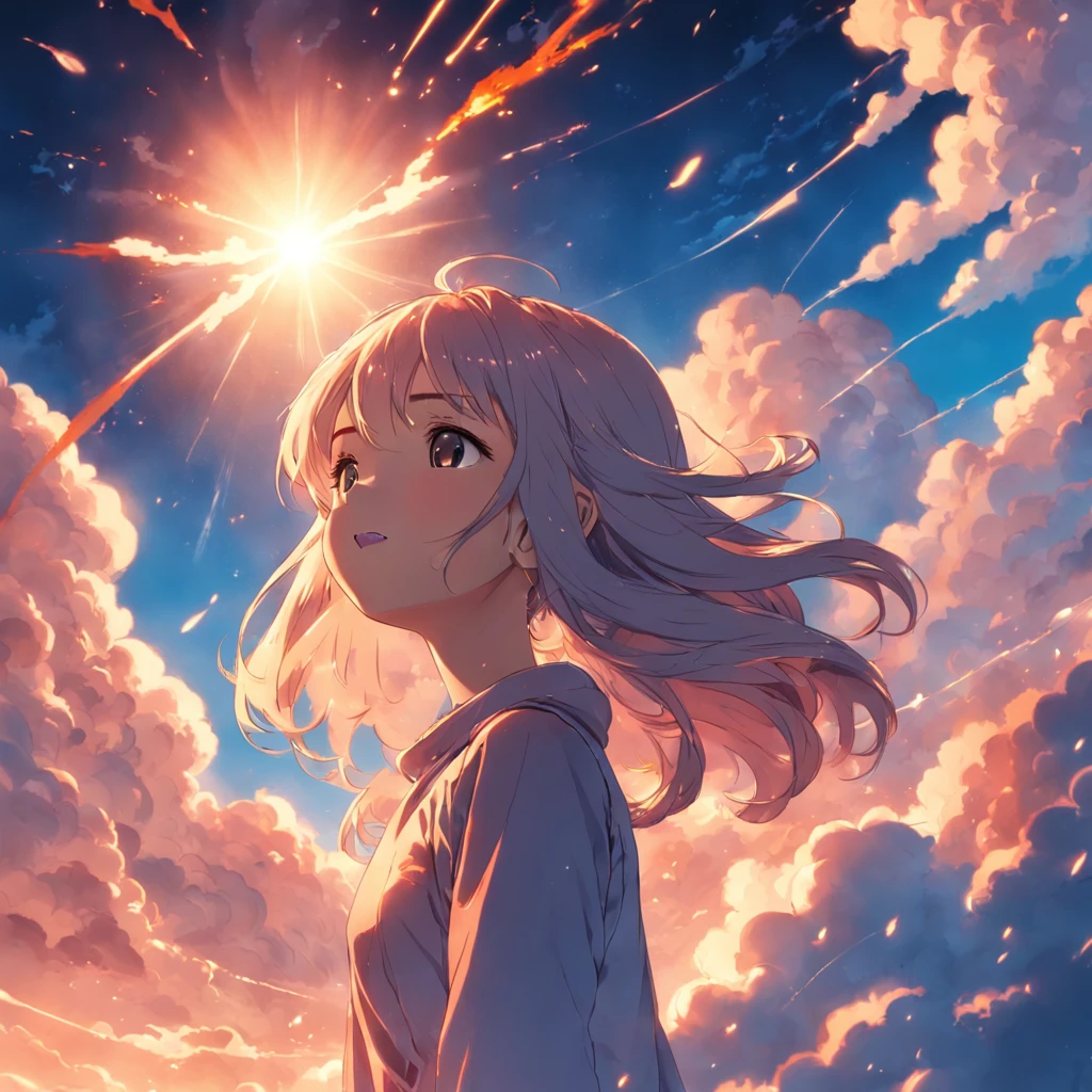 masterpiece, best quality, movie still, 1girl, cloud girl, floating in the sky, close-up, bright, happy, warm soft lighting, sunset, (sparks:0.7)