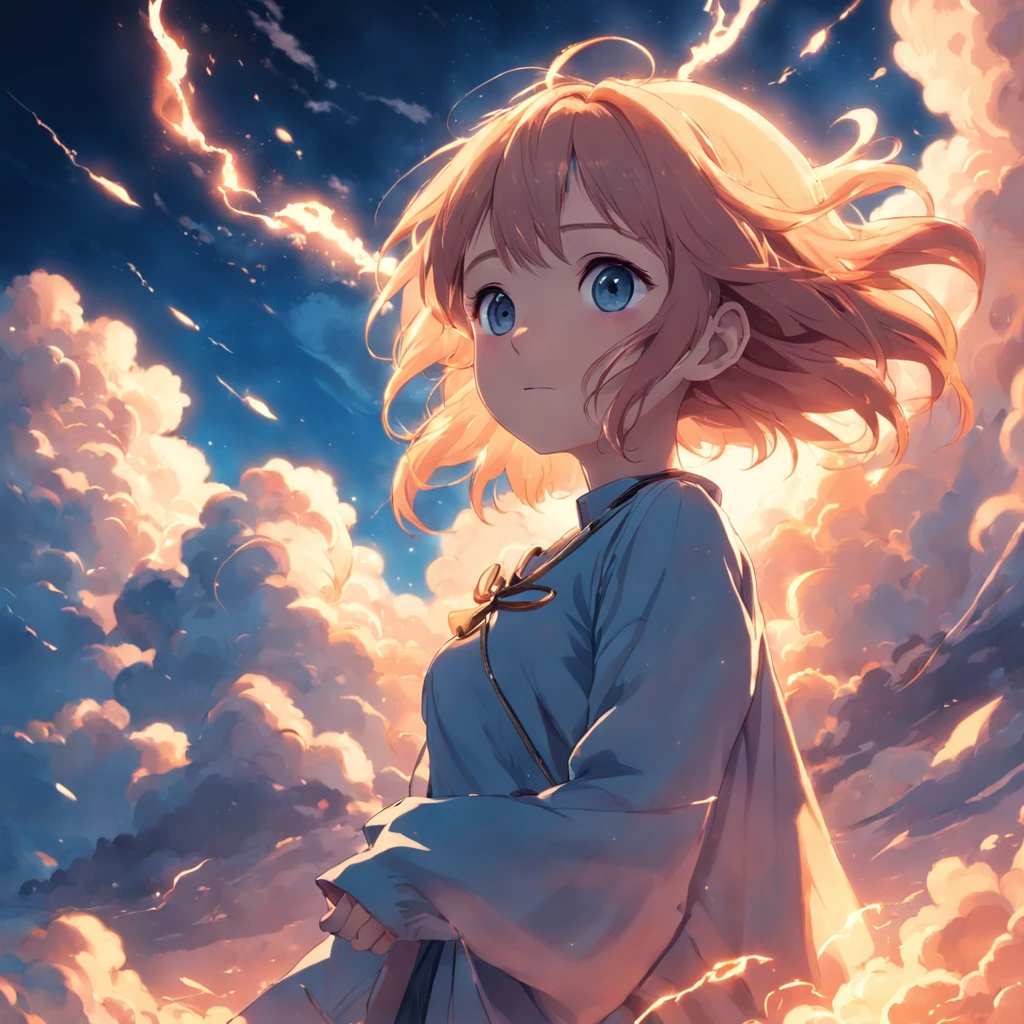 masterpiece, best quality, movie still, 1girl, cloud girl, floating in the sky, close-up, bright, happy, warm soft lighting, sunset, (sparks:0.7)