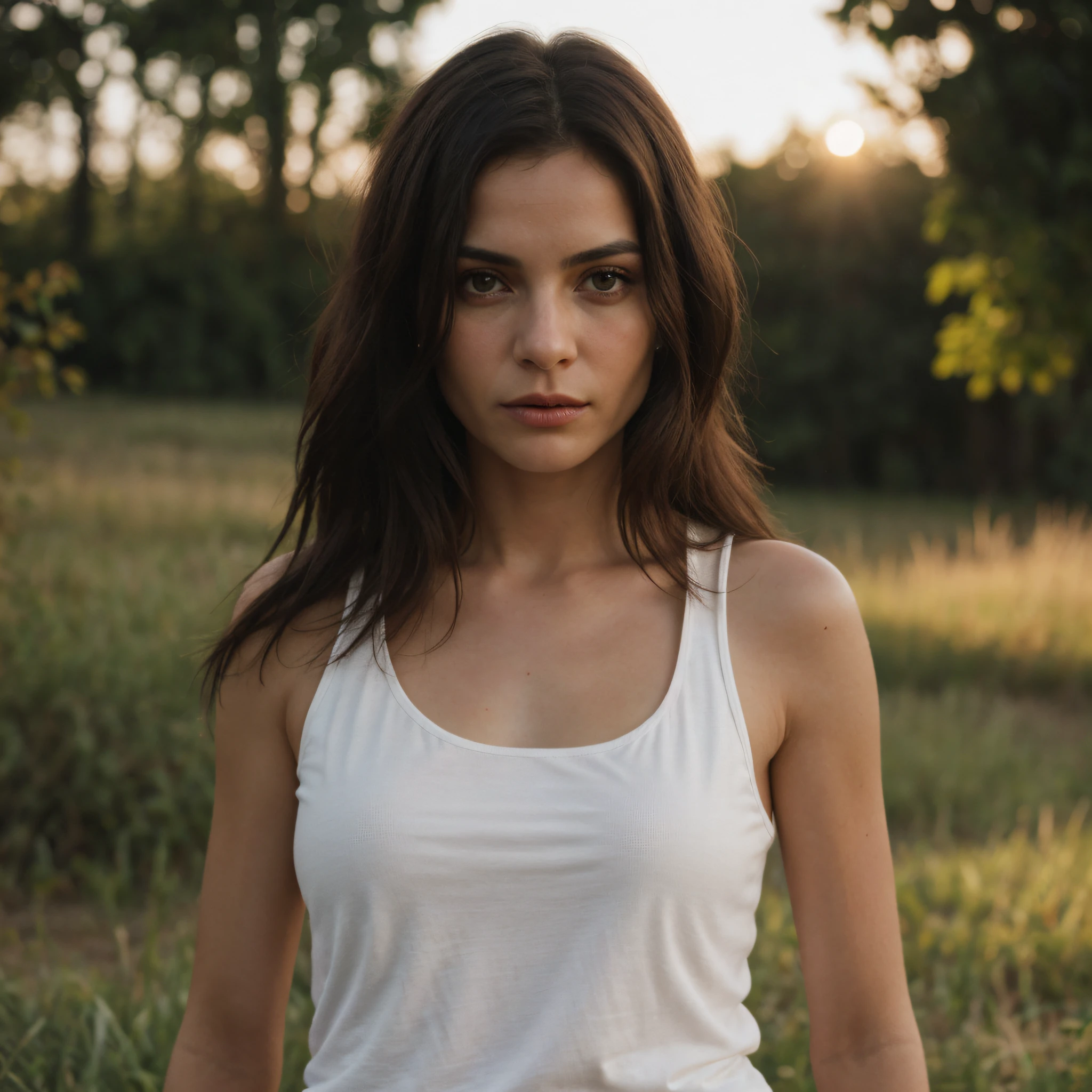 mulher 40 anos, hyper real photo of no bra ((mulher cowboy)), ((wearing torn and sexy cotton tank top)), ao lado de uma cerca de madeira baixa em campo aberto, ((contra a luz)), ((rosto e olhos realistas detalhados)), (cinematic lighthing, 8K) (estilo modelo de filmagem) , sun sunset, medium and soft breasts covered by (ripped cotton top), seios naturais, (olhos sensuais detalhados), boca linda, epic realistic, (HDR:1.4), (cores silenciadas:1.4), cores neutras, refractions of screen space, (detalhes intrincados, hiperdetalhados:1.3), Cinematographic photo, vinheta, cores escuras, Sombras profundas, Desfoque 1.6