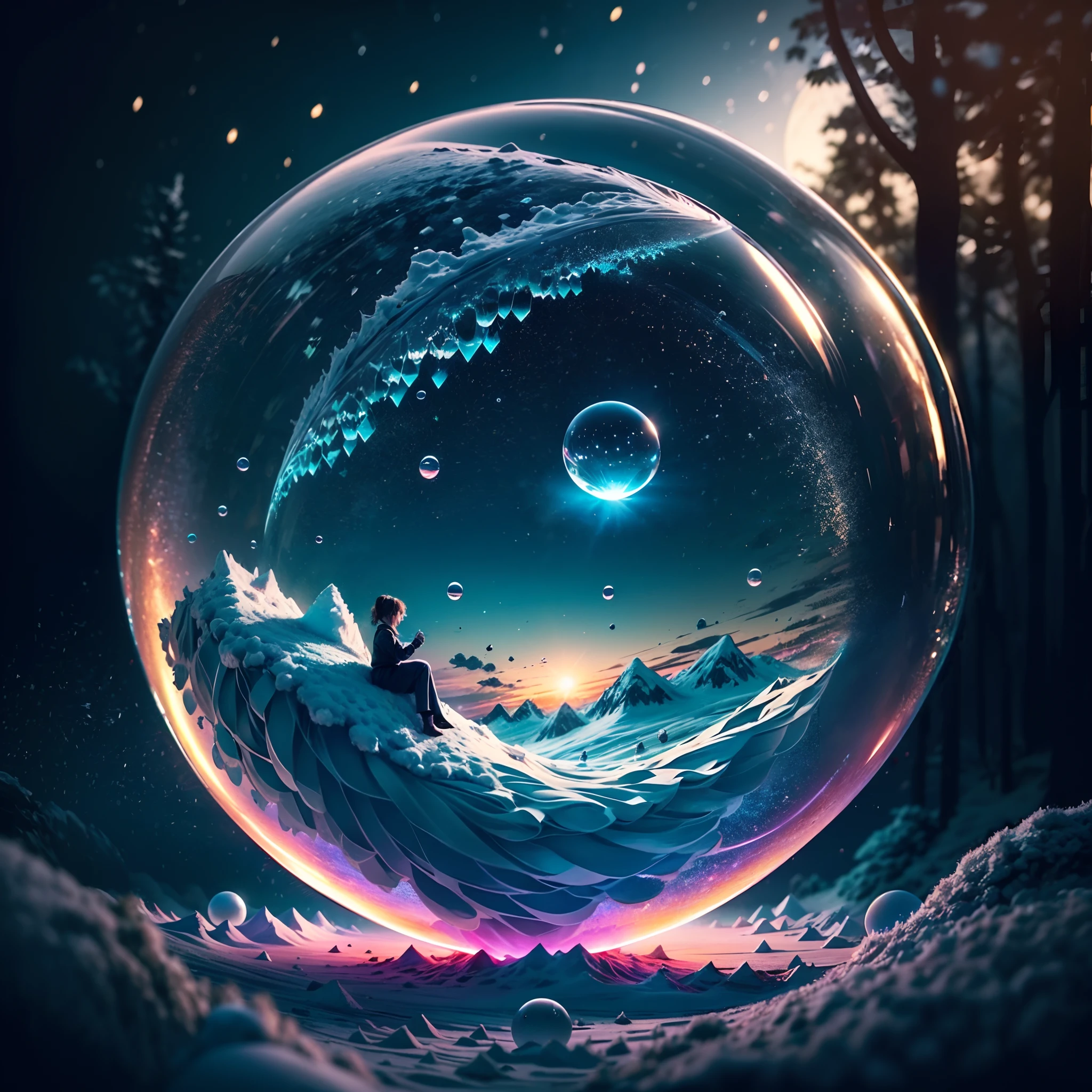 "Bubble realm art,a crystal ball,(((Inside a crystal sphere))),(ultra wide angle), inside the sphere,From behind,From a serene winter landscape, capture the beauty of a girl seated on the edge of a snow-covered mountain, illuminated by the soft glow of a full moon. The starry sky above adds a touch of magic, while the gentle dance of the shooting stars imparts a sense of tranquility to the scene."