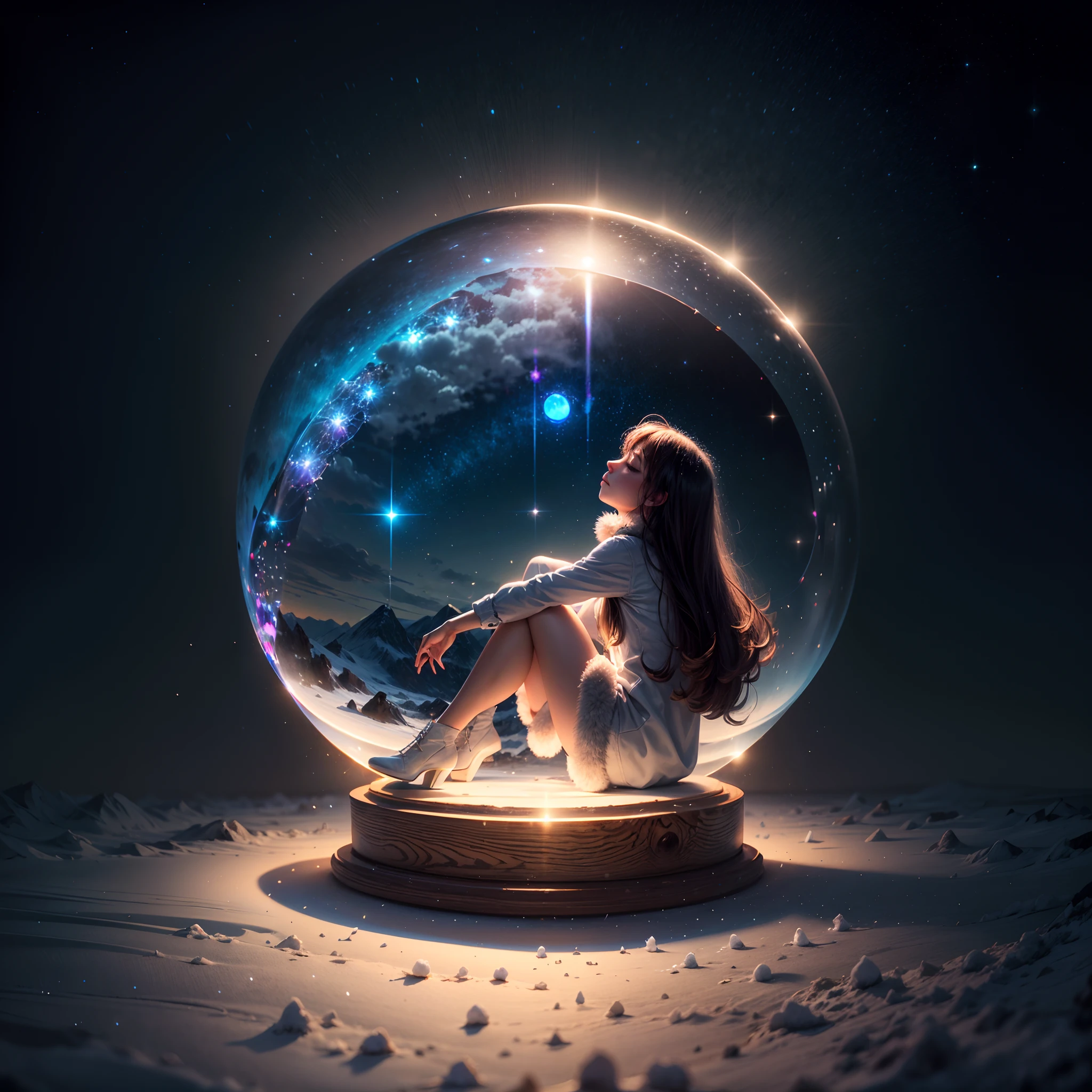 "Bubble realm art,a crystal ball,(((Inside a crystal sphere))),(ultra wide angle), inside the sphere,From behind,From a serene winter landscape, capture the beauty of a girl seated on the edge of a snow-covered mountain, illuminated by the soft glow of a full moon. The starry sky above adds a touch of magic, while the gentle dance of the shooting stars imparts a sense of tranquility to the scene."
