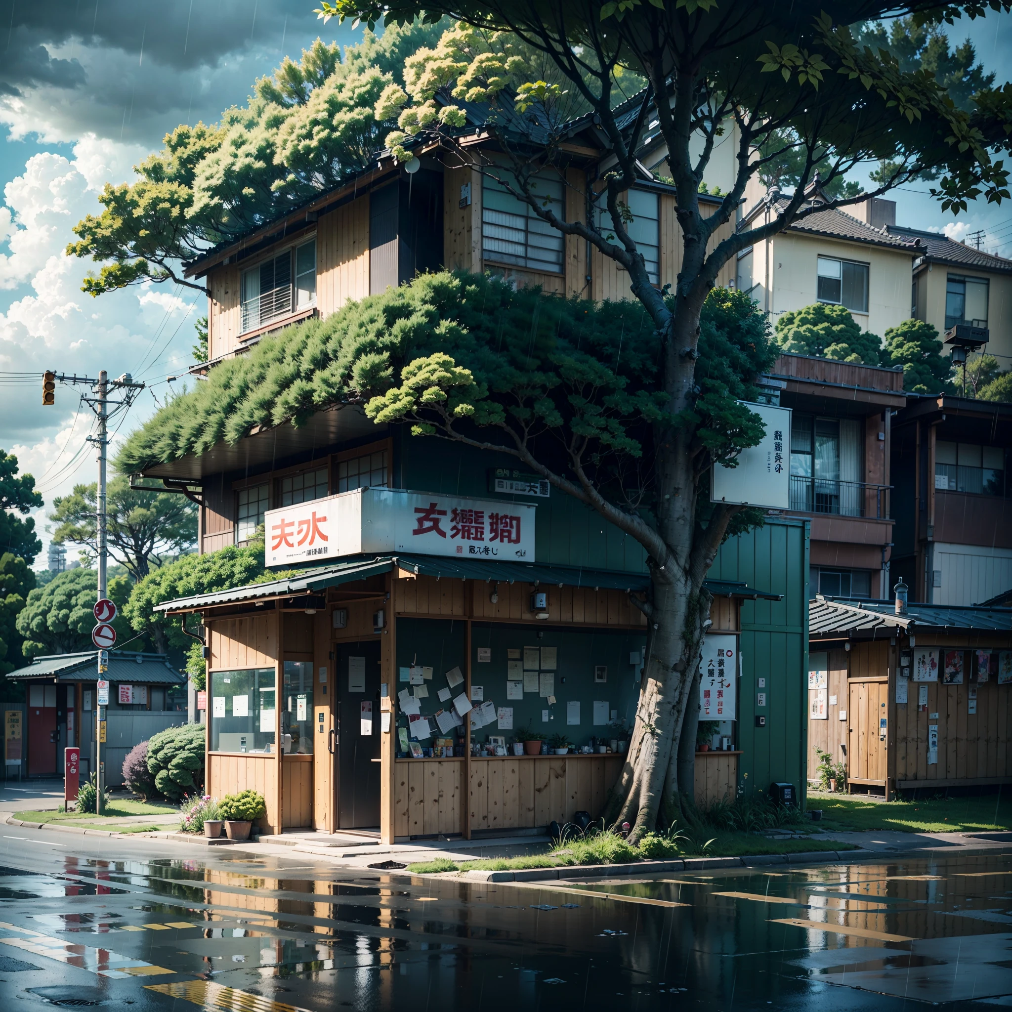 raining, gloomy weather. Japanese bus stop, surrounded by trees and vegetation on one side of the street and modern japanese buildings on the other side. Best quality. No one in sight. Anime. Anime style. lofi. dramatic weather. wide view, wide angle. Next to street. Modern village. Japan. Modern Japan. Bus parked outside of bus station. Modern japanese bus