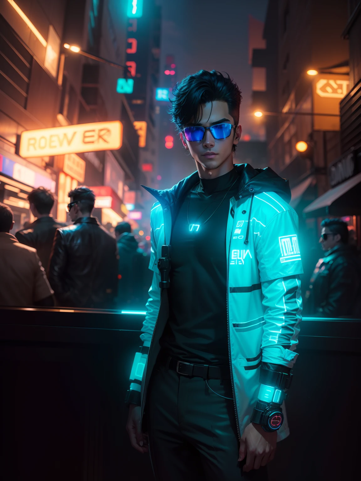 Change background night cyberpunk handsome boy, realistic face, original face, neon light effect,cute cat, sunglasses light effect