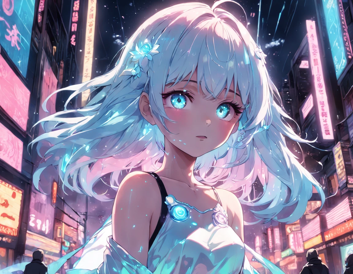 Realistic, Anime style, 1girll, holographic hair, Heterochromic eyes, Glowing eyes, Holographic crop top, Hologram skirt, parted lip, Blush, Night, White roses, pastels, glitters