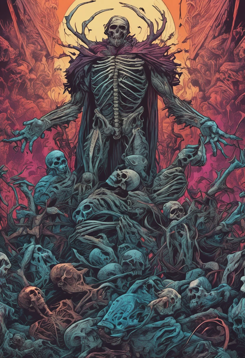 The Skeleton King and Lucifer talk to each other in a pile of corpses, fantasy, twists, elegant, Highly detailed, Centered, Analog measurement, painting of a, twists, voluminetric lighting, Beautiful, A masterpiece of rich and deep colors, Sharp focus, ultra - detailed, In the style of Dan Mumford and Mark Simonetti, astrophotography