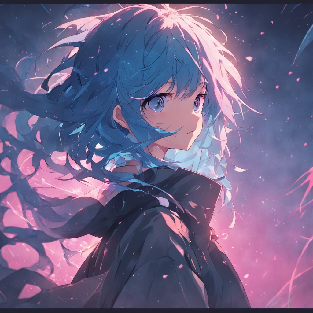 Light blue gradient dark blue hair,Pink eyes,Kizi