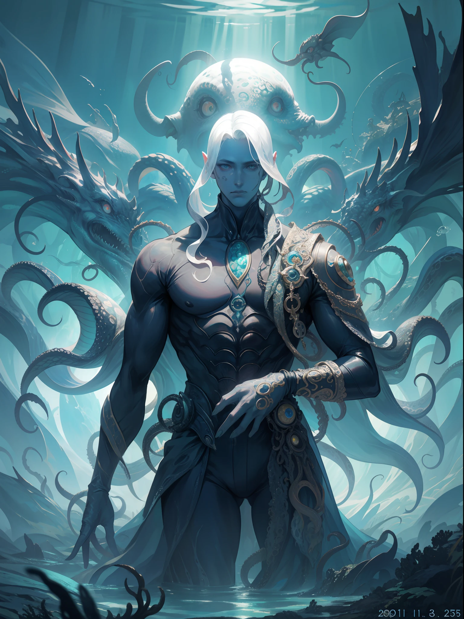 Cthulhu,Monster,tentaculata，A polluted underwater world，Gloomy picture，Nuclear contamination，（Face:1.35）sarcoma