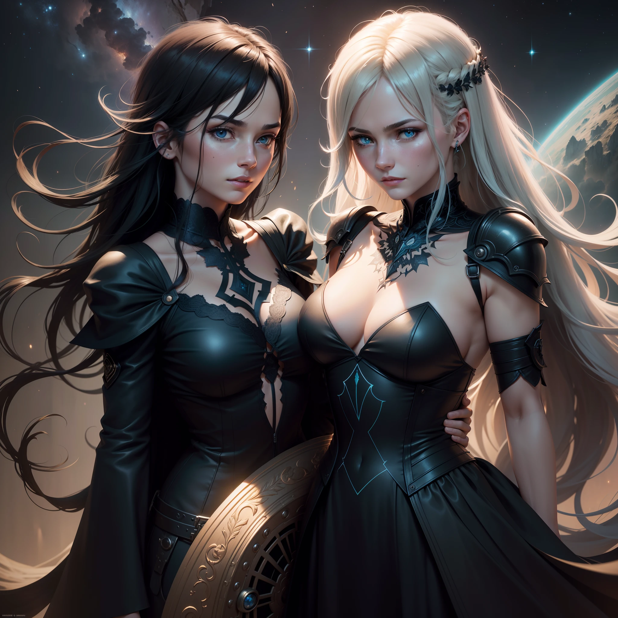 Photorealistic portraits of Noctis Lucis Caelum and Luna Freya Knox Fleurette from Final Fantasy XV, Photorealistic illustration by Tibor Nagy , Dark Blue Sky Magical Epic Vibration, Natural colors, Dynamic Pose, cinematic still, Space and nebulae in the eye, intergalactic, cosmic background, Pedras preciosas, crystalline, Flowing hair, Textured skin, In the style of Joe Cubato, Black, Beige, lavender, Emerald and Gold, Ted Nasmyth, Germanic art, Details to blink and miss, Wäinö Aaltonen, Imaginative Characters — Rainbow 5 — Style、Expressive details、textured、gorgeous faces, Detailed skin, Looking at the camera with blue eyes, Octane Render, nffsw, cover, Unzoom, hyper detailed painting, luminism, Bar lighting, with an intricate, 8k resolution concept art portrait by Greg Rutkowski, Style by Wes Anderson, ArtGerm, wlop, Alphonse Mucha, Little Fusion Pojatti Realgoth, Detailed bioluminescence of the fractal isometric encyclopedia : stunning realistic photograph