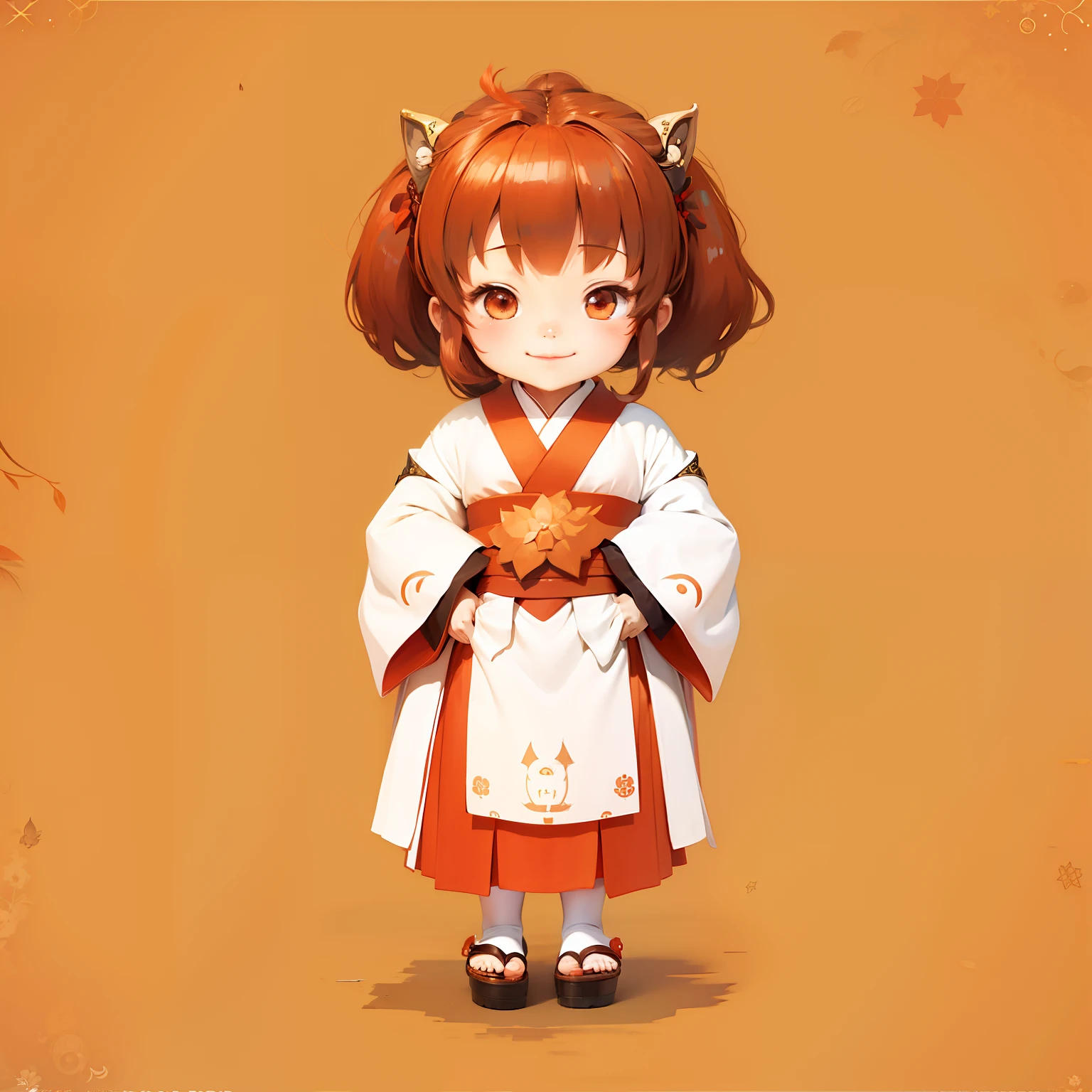 Anime-style Ghibli style、Child priestess、Third Life Character、full body Esbian、White kimono、Dark orange hakama、Wearing zori shoes、poneyTail、A smile、No background