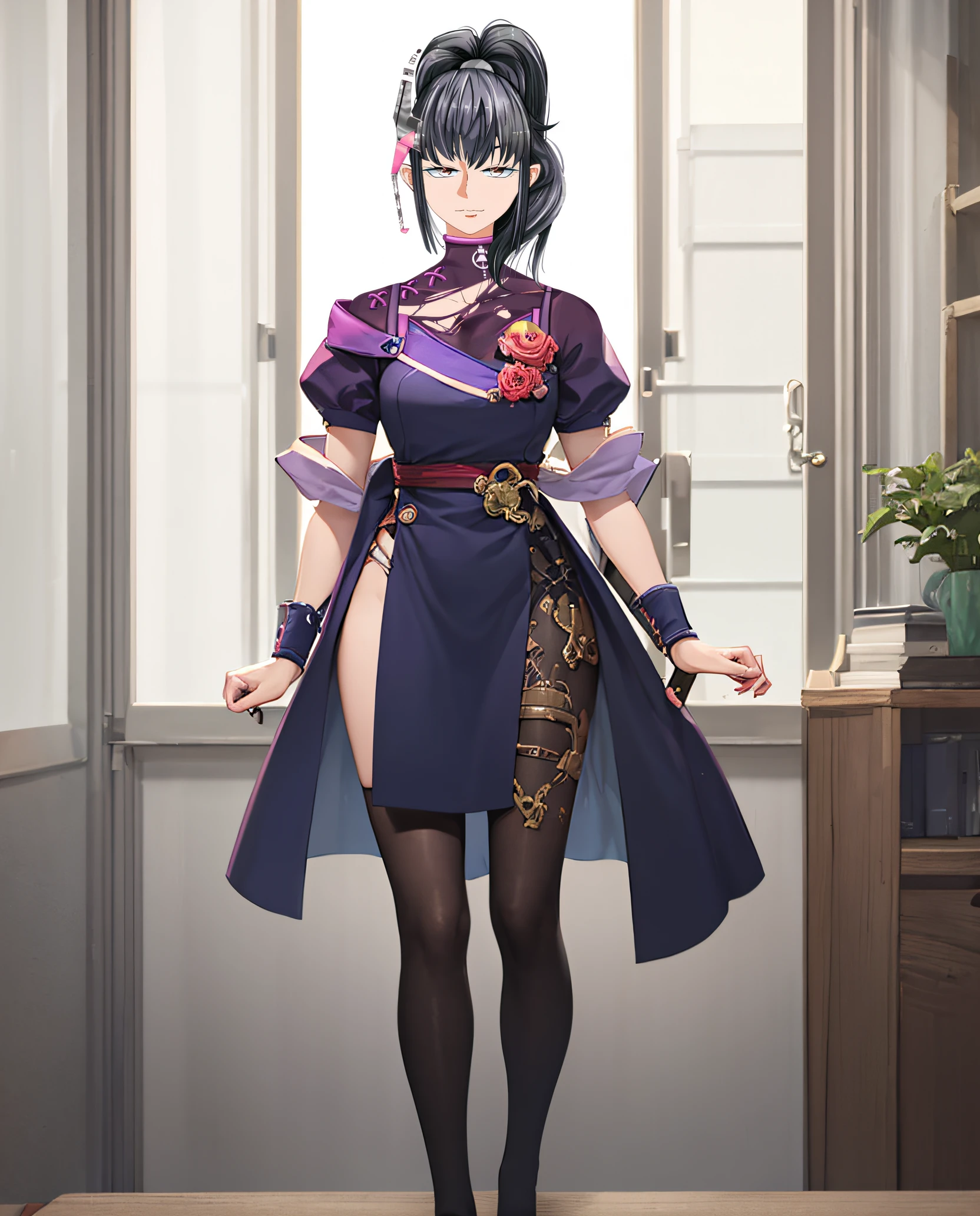 (((masterpiece))), (((best quality))), ((ultra-detailed)), (highly detailed CG illustration), ((an extremely delicate and beautiful)),1mechanical girl,Young girl named ((Sui Ishida)), a close up of a person with a ponytail and a purple outfit, Sui's hands meticulously crafting a magical-mechanical device, with blueprints scattered around her,Girl's hands meticulously crafting a magical-mechanical device, with blueprints scattered around her, Background is the workshop, A quaint workshop nestled between tall buildings, with the glow of enchanted objects seen through the windows, katana zero video game character, masamune shiro, maya fey from ace attorney, portrait knights of zodiac girl, koyoharu gotouge, misato katsuragi, black - haired mage, yayoi kasuma, juri misaki, takeyuki kanda