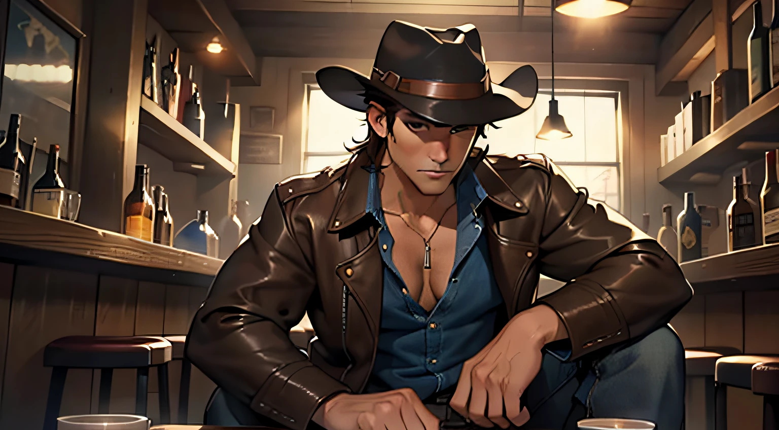 (4K, Best picture quality, A high resolution:1.1), (Masterpiece:1.1)Muscular man，blue-shirt, Brown leather jacket, long black jeans, Cowboy boots, revolver, Cowboy hat, Dark brown hair, Short hair, Brown eyes, One guy，In the bar，firing a gun