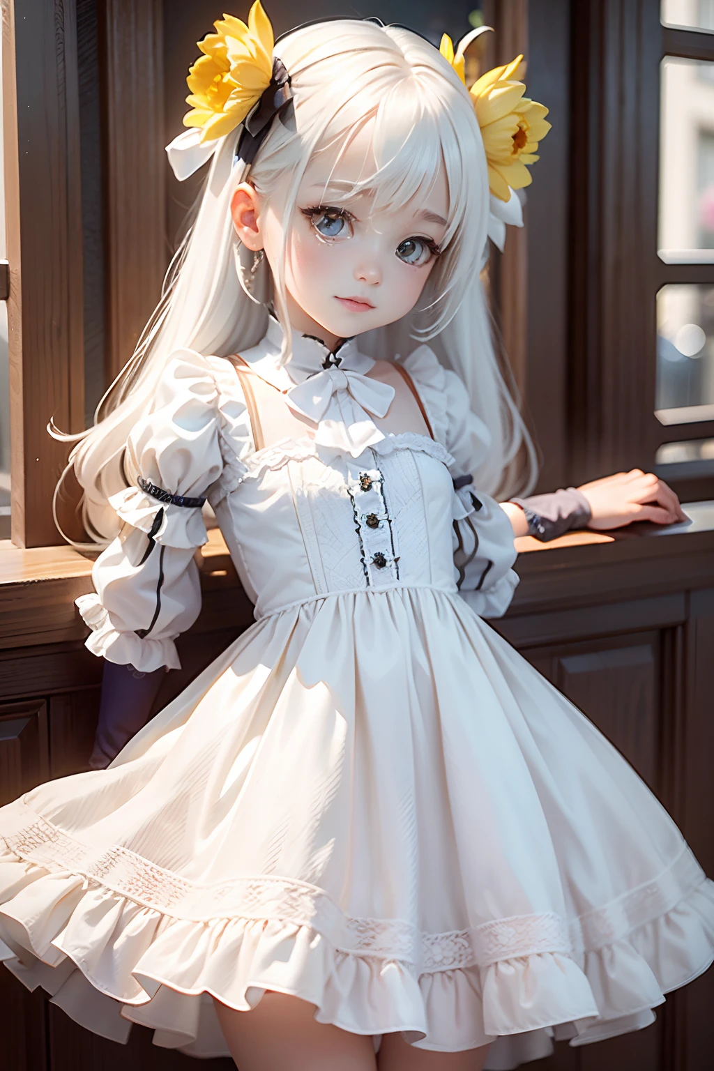 HighestQuali,tmasterpiece,1Blittle girl,Petite and cute,daffodil,White color hair,white dresses