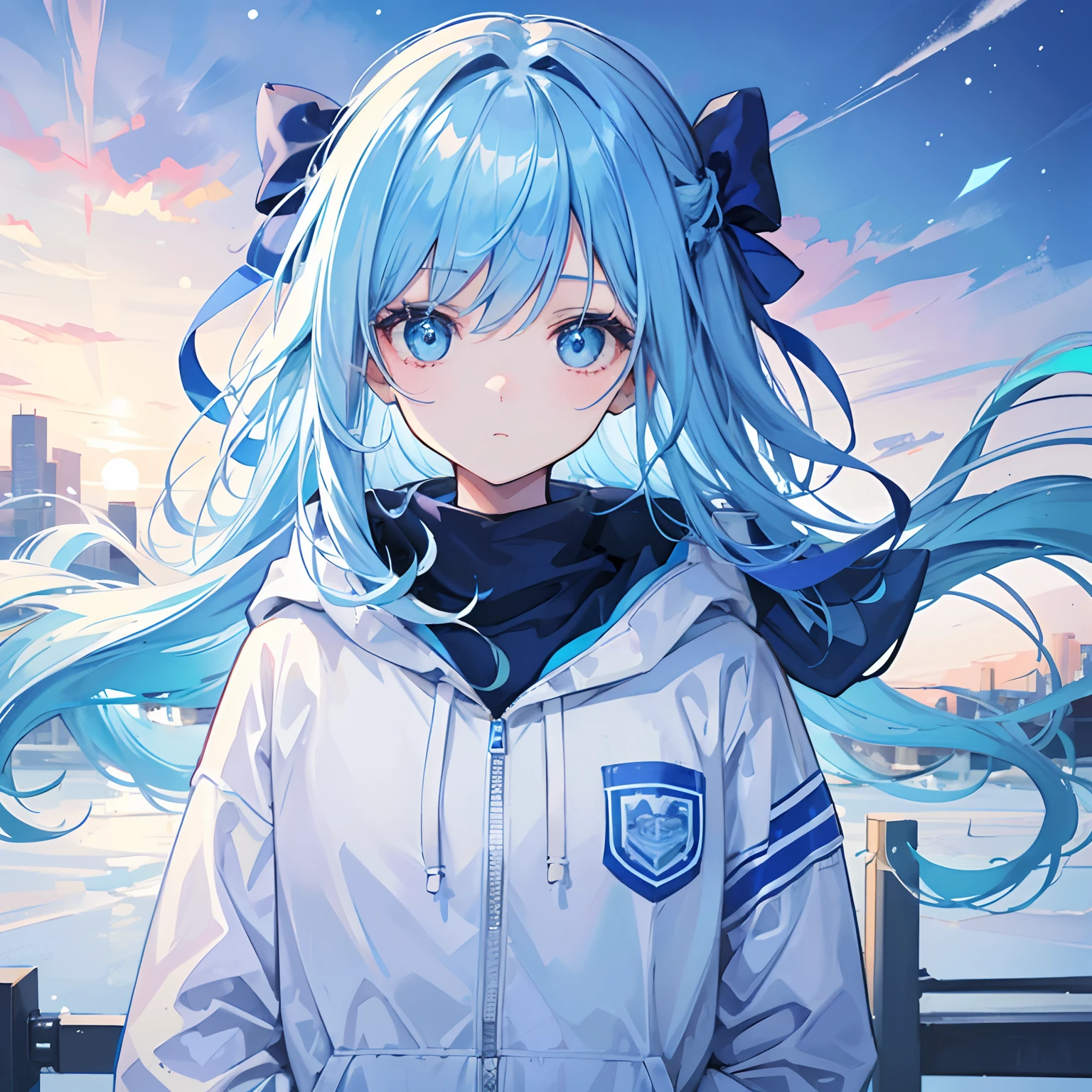 1girl, with light blue hair and blue eyes, wearing a hair ribbon and a blue and white hoodie. The scene is set in winter, with the girl looking directly at the viewer. This image can be used as a profile picture.City background.