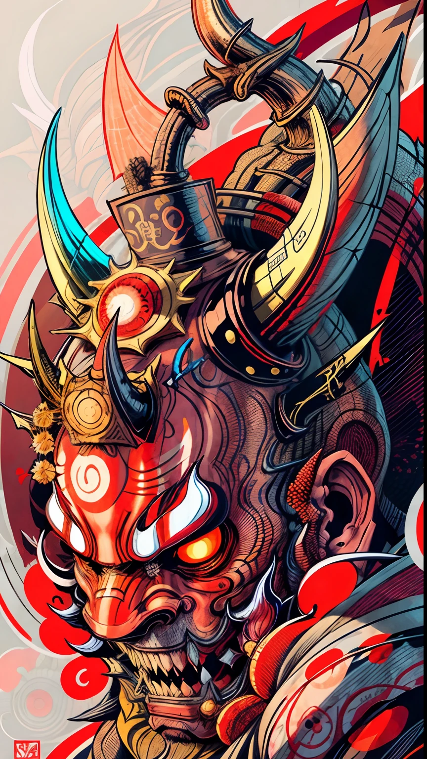 Hannya mask style of 0mib, illustrator, masterpiece, high quality, 8k, high resolution, high detailed, Japanese, samurai