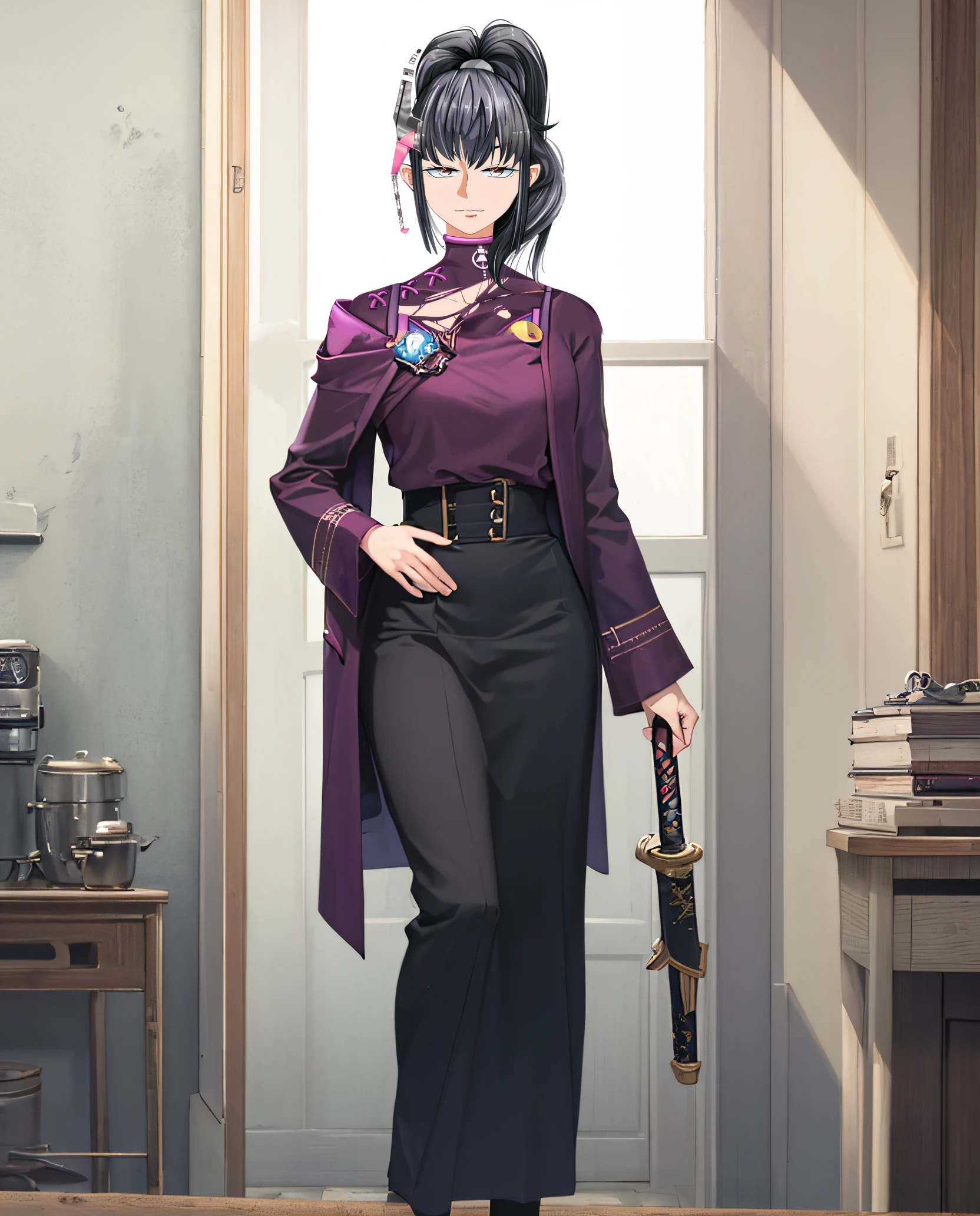 (((masterpiece))), (((best quality))), ((ultra-detailed)), (highly detailed CG illustration), ((an extremely delicate and beautiful)),1mechanical girl,Young girl named ((Sui Ishida)), a close up of a person with a ponytail and a purple outfit, Sui's hands meticulously crafting a magical-mechanical device, with blueprints scattered around her,Girl's hands meticulously crafting a magical-mechanical device, with blueprints scattered around her, Background is the workshop, A quaint workshop nestled between tall buildings, with the glow of enchanted objects seen through the windows, katana zero video game character, masamune shiro, maya fey from ace attorney, portrait knights of zodiac girl, koyoharu gotouge, misato katsuragi, black - haired mage, yayoi kasuma, juri misaki, takeyuki kanda