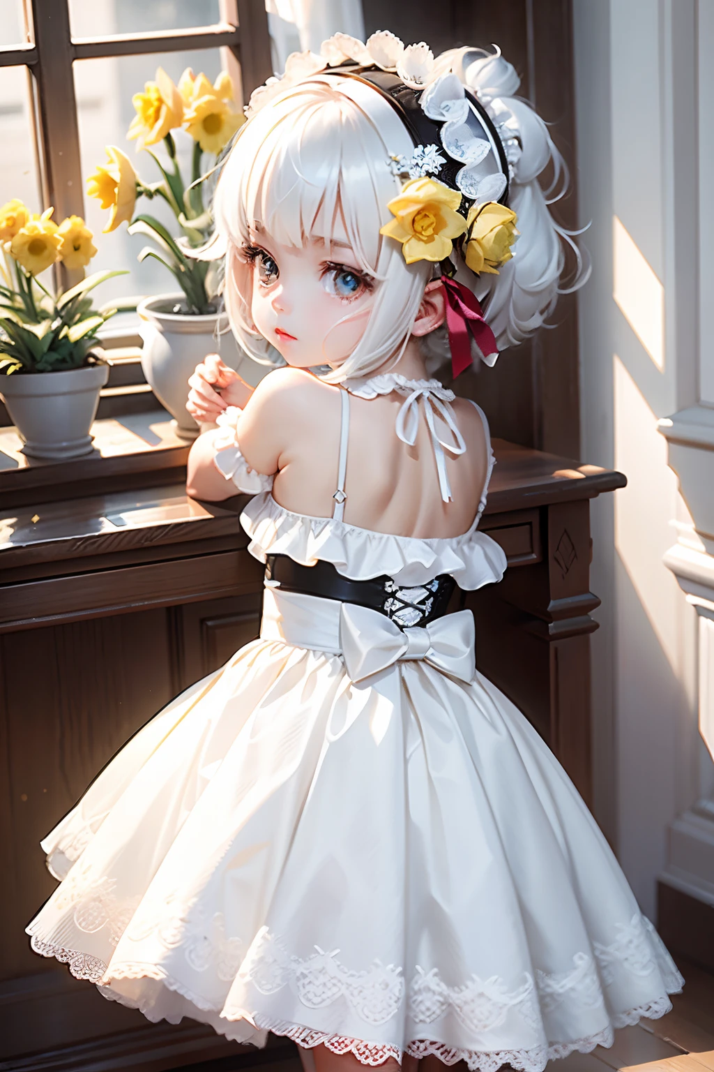 (masterpiece, 4k ,ultra detailed:1.2),(beautiful face:1.2),(anime:1.2),illustration,(solo:1.2),(looking at viewer:1.4),portrait,(supermodel:1.3),(red school uniform:1.3),(white hair),yo,(simple choker:1.1),(yellow panties),(string,abs,smartphone,chmall breasts,petite:1.1),(sfw,nipple,flat chest,un dress,:1.4),(from below),(full body:1.2),(flower hair ornament),(multi view:1.3)