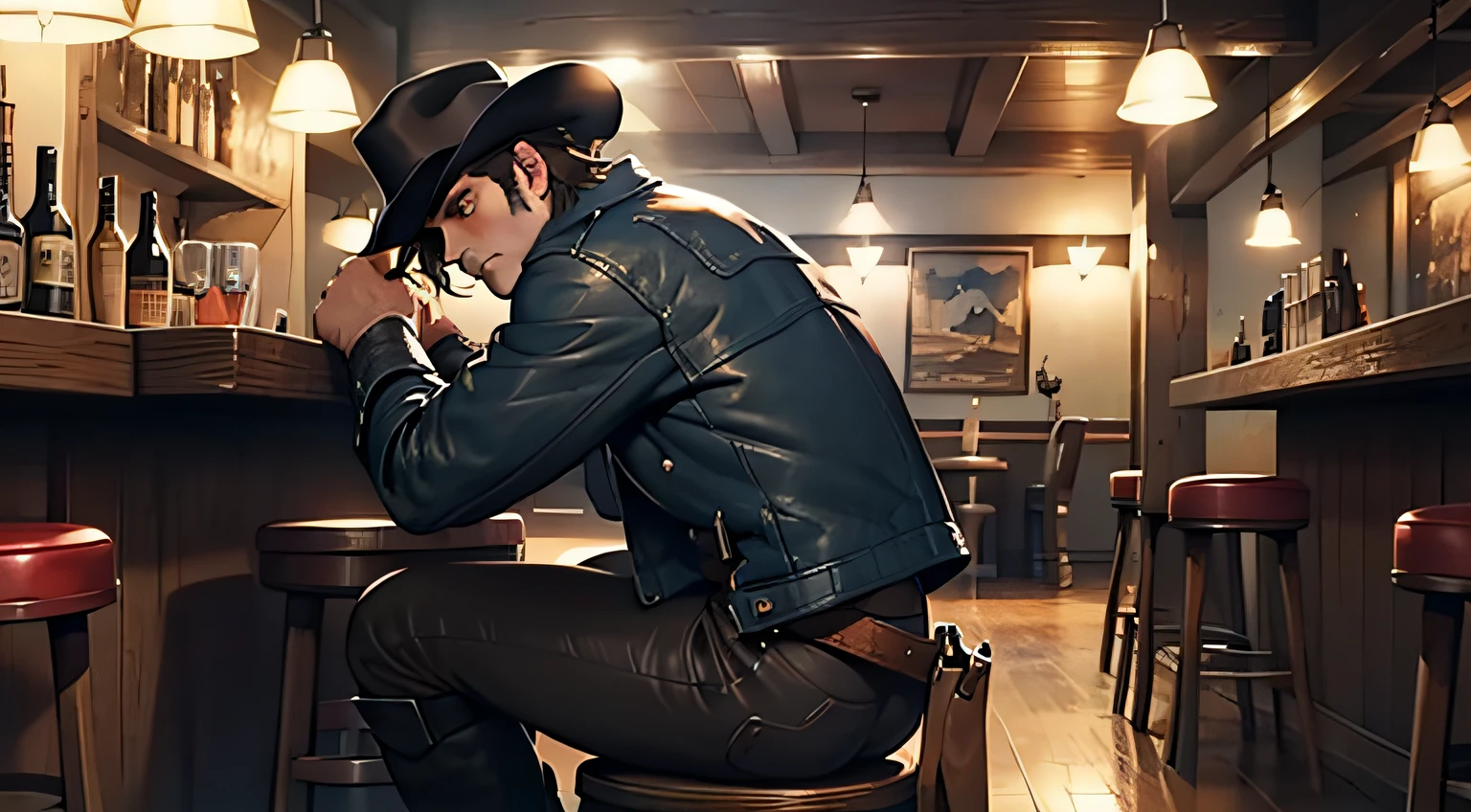 (4K, Best picture quality, A high resolution:1.1), (Masterpiece:1.1),blue-shirt, Brown leather jacket, long black jeans, Cowboy boots, revolver, Cowboy hat, Dark brown hair, short detailed hair, Brown eyes, Young cowboys,in a pub,Hand pain,