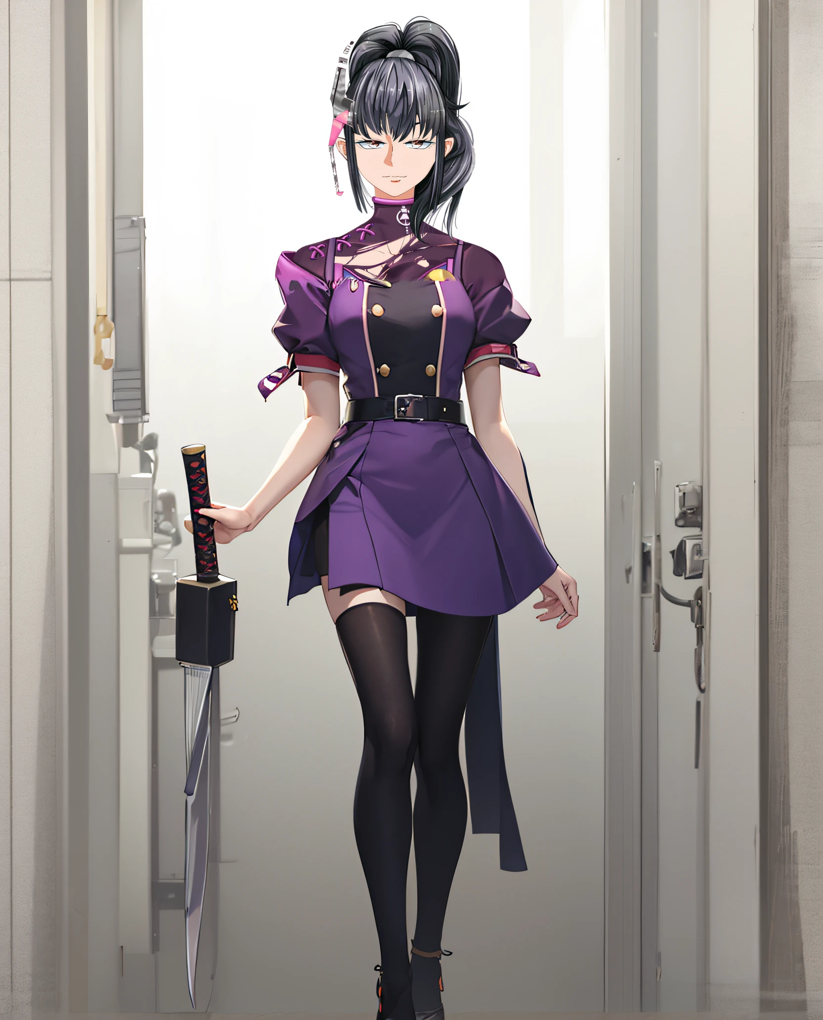 (((masterpiece))), (((best quality))), ((ultra-detailed)), (highly detailed CG illustration), ((an extremely delicate and beautiful)),1mechanical girl,Young girl named ((Sui Ishida)), a close up of a person with a ponytail and a purple outfit, Sui's hands meticulously crafting a magical-mechanical device, with blueprints scattered around her,Girl's hands meticulously crafting a magical-mechanical device, with blueprints scattered around her, Background is the workshop, A quaint workshop nestled between tall buildings, with the glow of enchanted objects seen through the windows, katana zero video game character, masamune shiro, maya fey from ace attorney, portrait knights of zodiac girl, koyoharu gotouge, misato katsuragi, black - haired mage, yayoi kasuma, juri misaki, takeyuki kanda