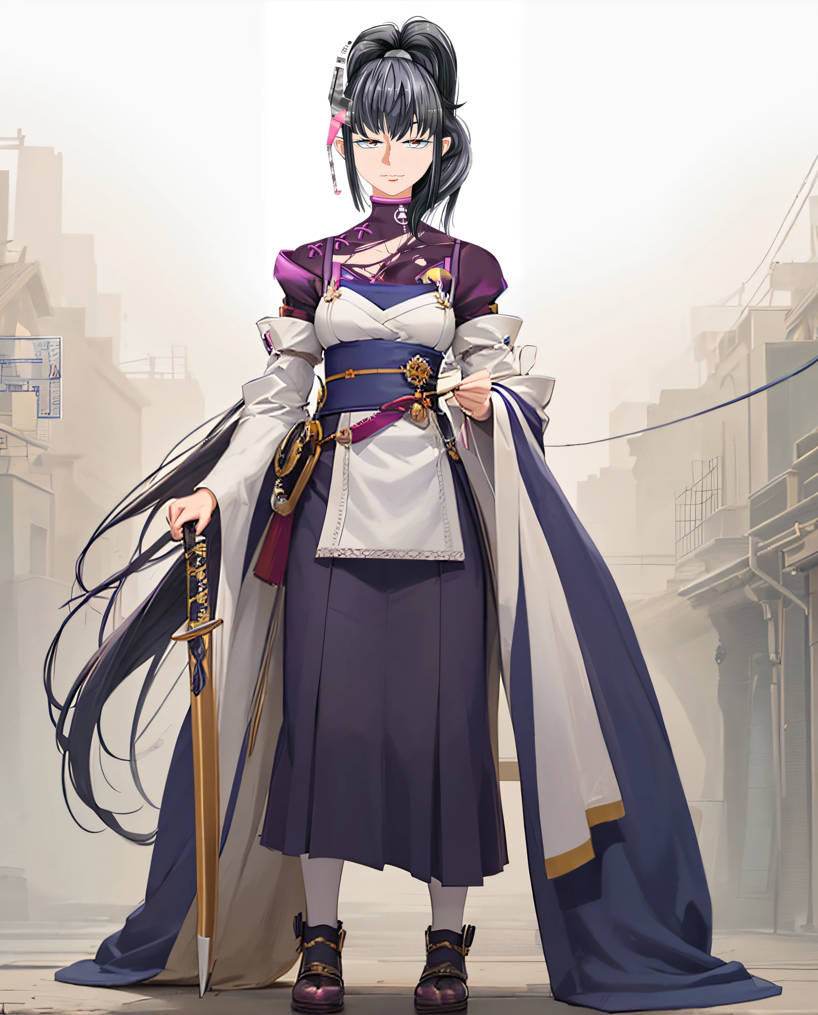 (((masterpiece))), (((best quality))), ((ultra-detailed)), (highly detailed CG illustration), ((an extremely delicate and beautiful)),1mechanical girl,Young girl named ((Sui Ishida)), a close up of a person with a ponytail and a purple outfit, Sui's hands meticulously crafting a magical-mechanical device, with blueprints scattered around her,Girl's hands meticulously crafting a magical-mechanical device, with blueprints scattered around her, Background is the workshop, A quaint workshop nestled between tall buildings, with the glow of enchanted objects seen through the windows, katana zero video game character, masamune shiro, maya fey from ace attorney, portrait knights of zodiac girl, koyoharu gotouge, misato katsuragi, black - haired mage, yayoi kasuma, juri misaki, takeyuki kanda