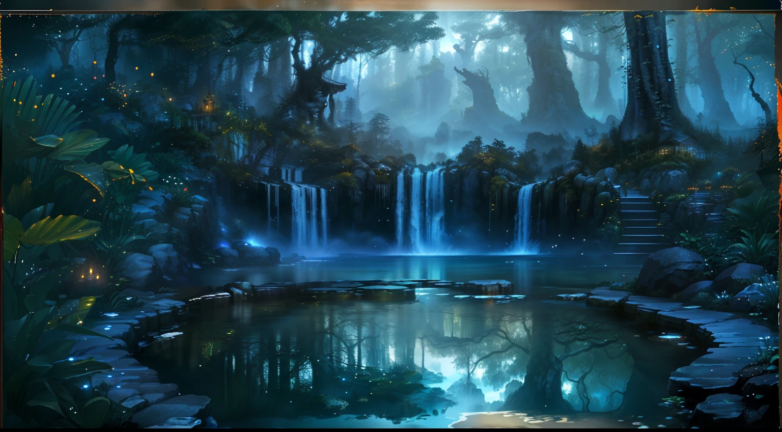 high details, best quality, 16k, RAW, [best detailed], masterpiece, best quality, (extremely detailed), full body, a view from the rear (best details, Masterpiece, best quality), ultra wide shot, photorealistic, fantasy art, RPG art, D&D art, a picture of a woman swimming in a pool by a waterfall at night, extremely beautiful woman, (best details, Masterpiece, best quality) black hair, long hair, wet hair, pale skin, look of serenity, ultra detailed face (best details, Masterpiece, best quality), dynamic eyes color, big waterfall and pool in forest clearing, candles lit around the natural pool, candles being reflected in the pool (best details, Masterpiece, best quality), fantasy night, moon, stars, fantasy night scenery, sense of serenity, atmosphere of tranquility, High Detail, Ultra High Quality, High Resolution, 16K Resolution, Ultra HD Pictures, 3D rendering Ultra Realistic, Clear Details, Realistic Detail, Ultra High Definition