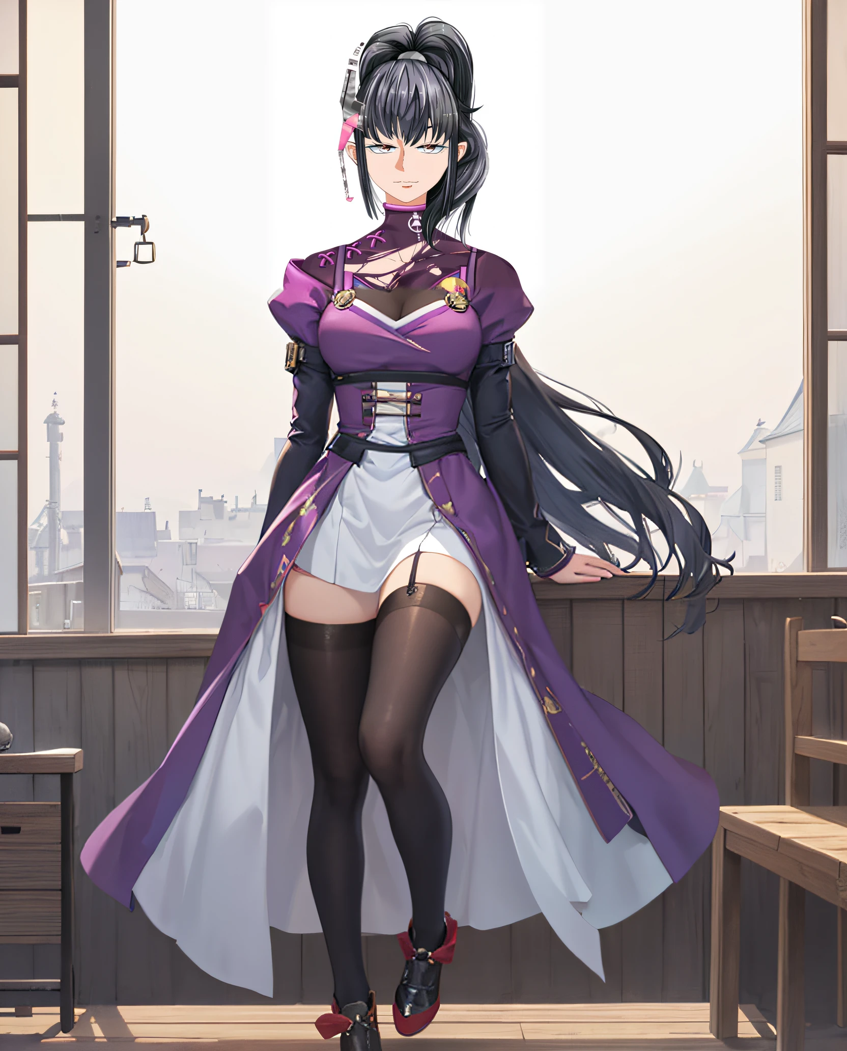 (((masterpiece))), (((best quality))), ((ultra-detailed)), (highly detailed CG illustration), ((an extremely delicate and beautiful)),1mechanical girl,Young girl named ((Sui Ishida)), a close up of a person with a ponytail and a purple outfit, Sui's hands meticulously crafting a magical-mechanical device, with blueprints scattered around her,Girl's hands meticulously crafting a magical-mechanical device, with blueprints scattered around her, Background is the workshop, A quaint workshop nestled between tall buildings, with the glow of enchanted objects seen through the windows, katana zero video game character, masamune shiro, maya fey from ace attorney, portrait knights of zodiac girl, koyoharu gotouge, misato katsuragi, black - haired mage, yayoi kasuma, juri misaki, takeyuki kanda