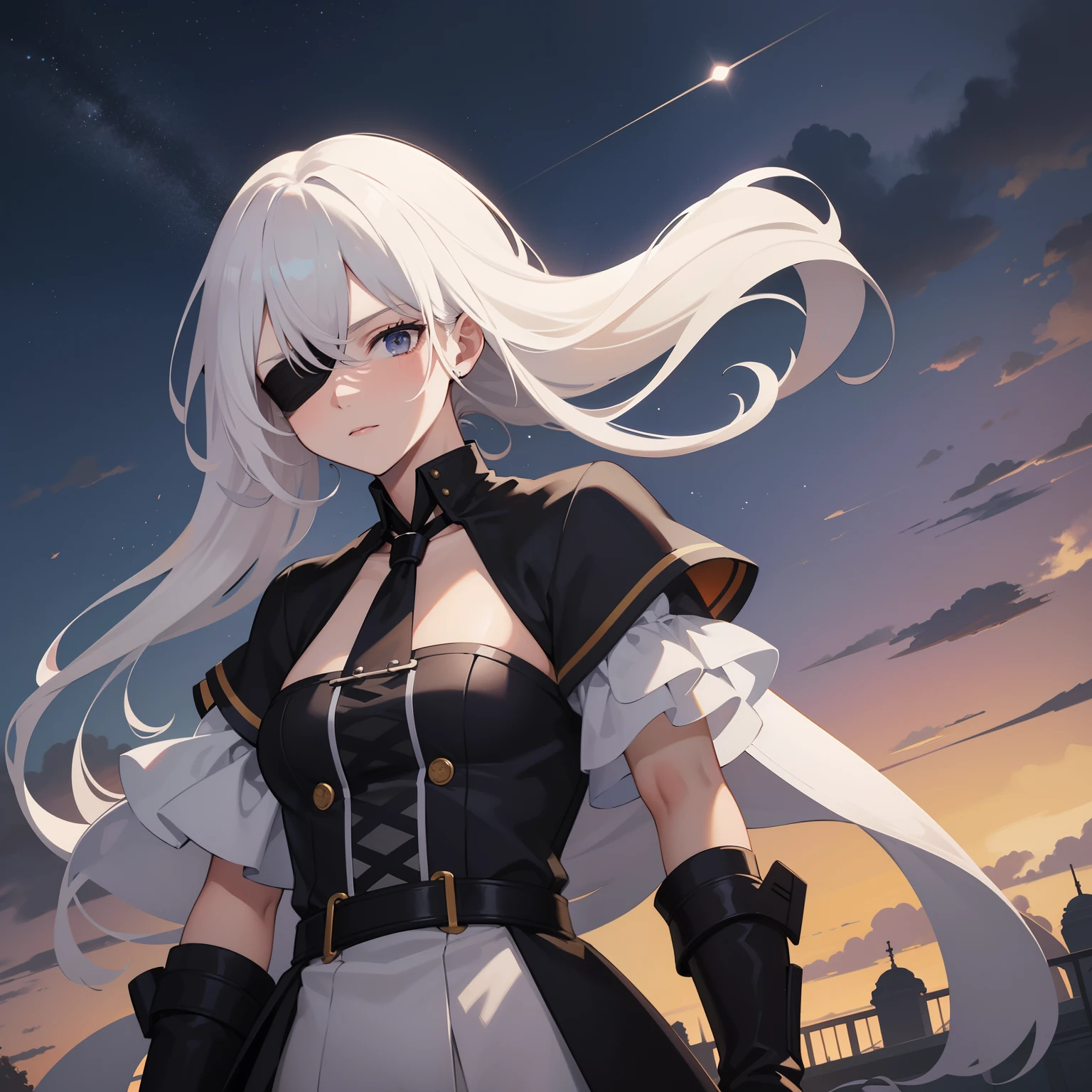 masterpiece, best quality, daytime, surrounded by age beautiful girls, sky, comic, bust, anime style, male, solo, mid to long hair, white hair, crossed bangs, disheveled hair, short_ponytail, naughty_face, robe, black blindfold, half gloves , pants,male