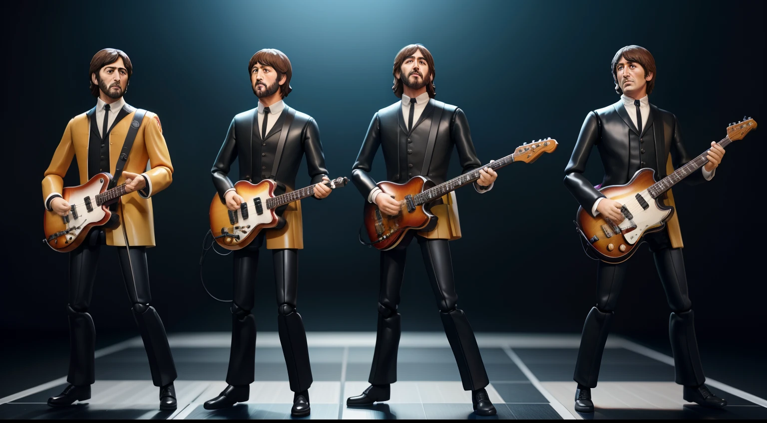 "The Beatles action figures made of plastic, meticulously rendered with photorealistic details, in stunning 8k resolution."