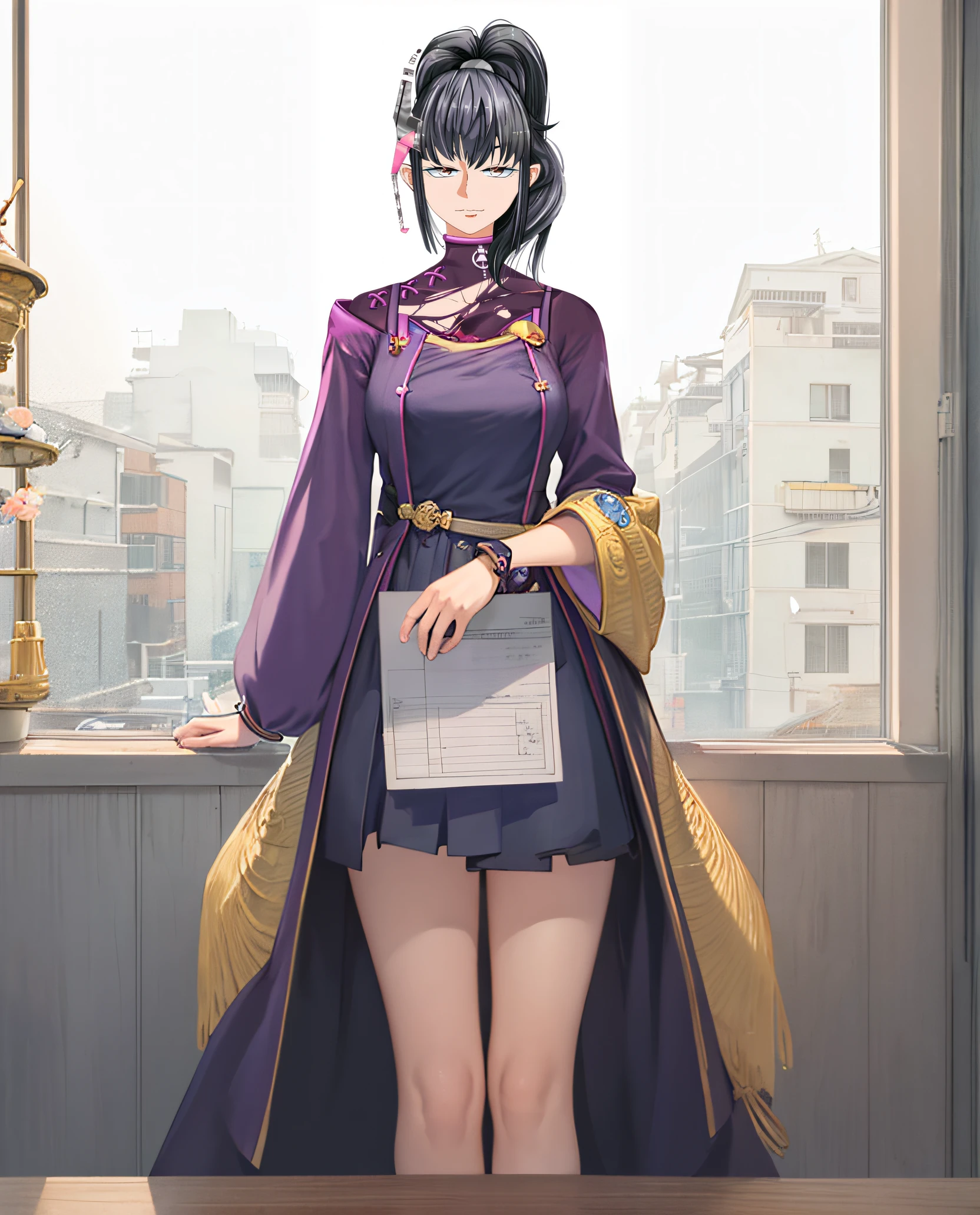 (((masterpiece))), (((best quality))), ((ultra-detailed)), (highly detailed CG illustration), ((an extremely delicate and beautiful)),1mechanical girl,Young girl named ((Sui Ishida)), a close up of a person with a ponytail and a purple outfit, Sui's hands meticulously crafting a magical-mechanical device, with blueprints scattered around her,Girl's hands meticulously crafting a magical-mechanical device, with blueprints scattered around her, Background is the workshop, A quaint workshop nestled between tall buildings, with the glow of enchanted objects seen through the windows, katana zero video game character, masamune shiro, maya fey from ace attorney, portrait knights of zodiac girl, koyoharu gotouge, misato katsuragi, black - haired mage, yayoi kasuma, juri misaki, takeyuki kanda