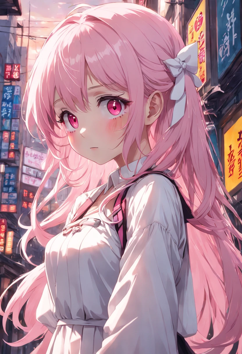 a shy girl who has pink hair, pink eyes, a white dress, holding a white bag