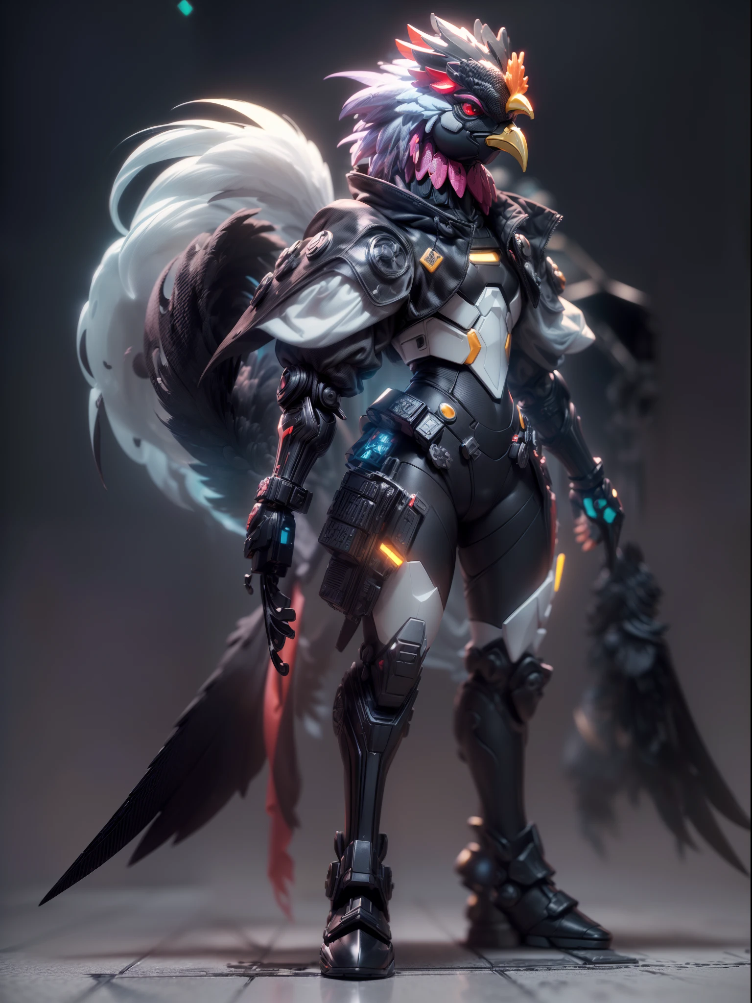 (Blind box toy style:1.3),((Full body shot)),(anthropomorphism),(1 strong rooster warrior，solo）(((solo))),opaque mask，transparent plastic mecha,dreamy glow, cyberpunk style，Clean black background,black style，(circular base）( Global illumination, Ray tracing, hdr, unreal render,reasonable design, high detail, Masterpiece, Best quality, hyper HD, Cinematic lighting)