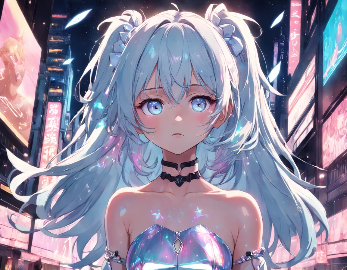 Realistic, Anime style, 1girll, holographic hair, Heterochromic eyes, Glowing eyes, Holographic crop top, Hologram skirt, parted lip, Blush, Night, White roses, pastels, glitters