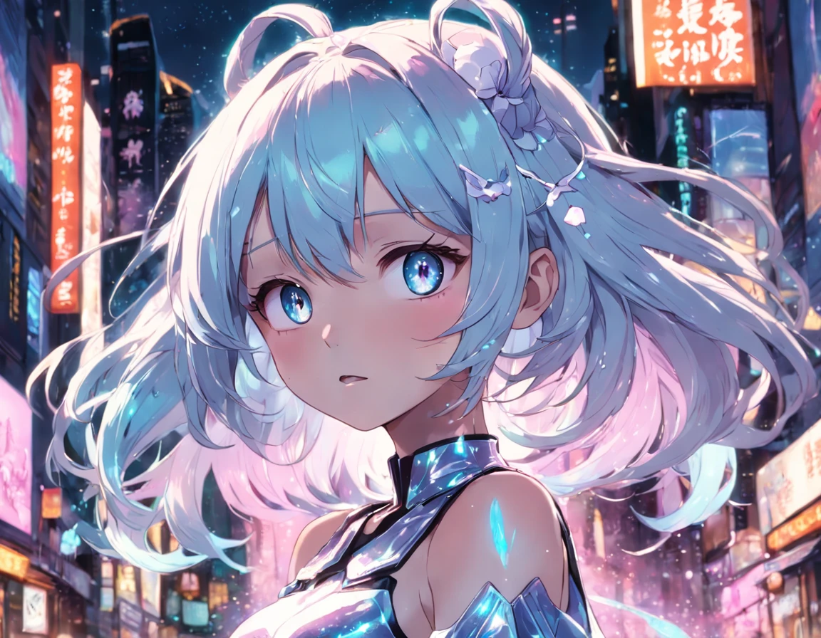 Realistic, Anime style, 1girll, holographic hair, Heterochromic eyes, Glowing eyes, Holographic crop top, Hologram skirt, parted lip, Blush, Night, White roses, pastels, glitters