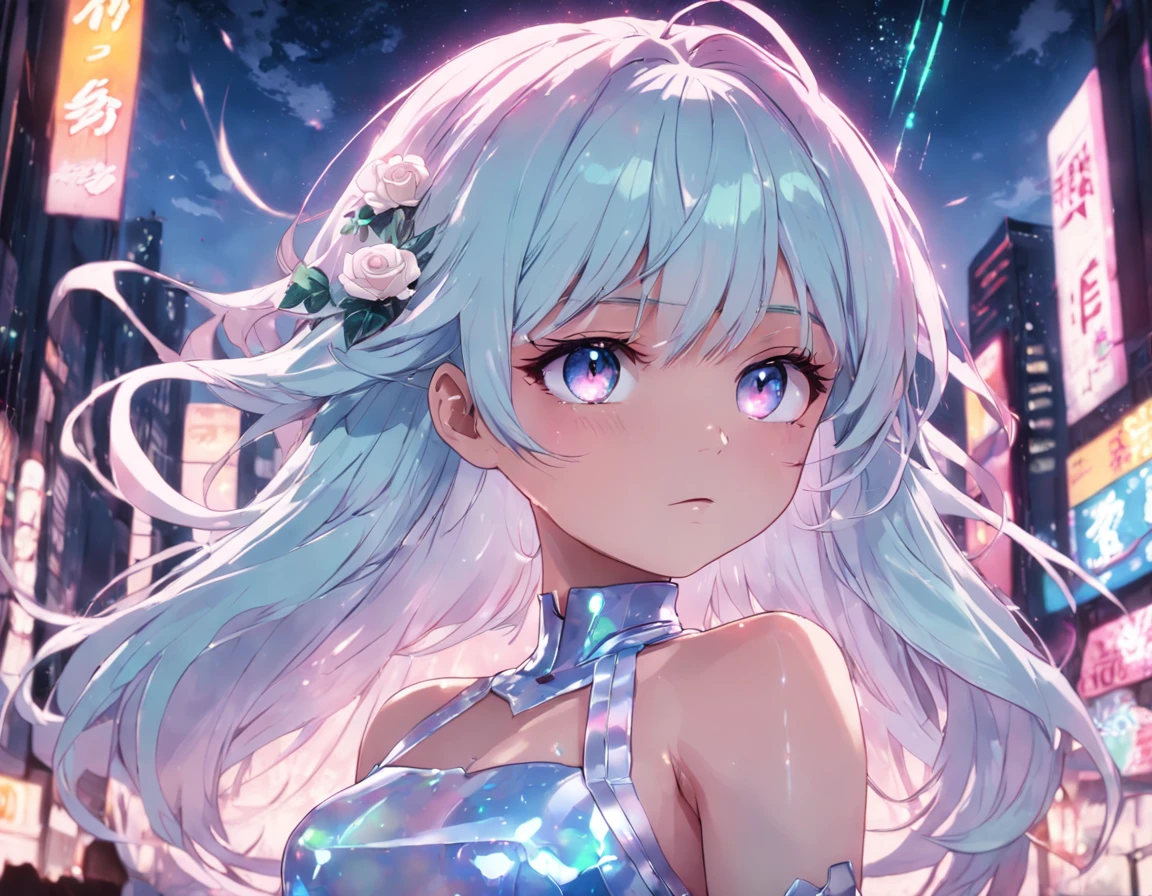 Realistic, Anime style, 1girll, holographic hair, Heterochromic eyes, Glowing eyes, Holographic crop top, Hologram skirt, parted lip, Blush, Night, White roses, pastels, glitters