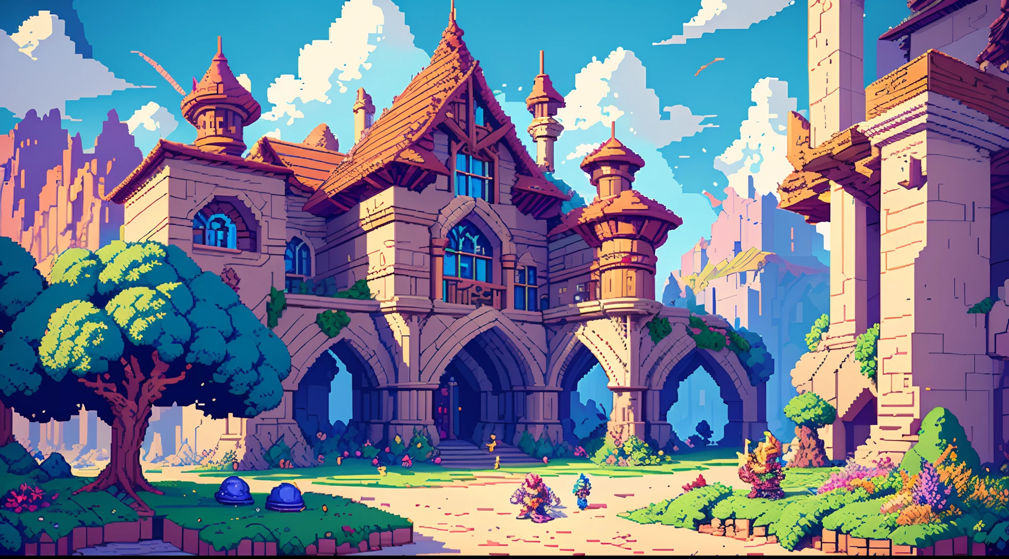 sorcerer's guild, amazing architecture, beautiful, vibrant colors, pixel art