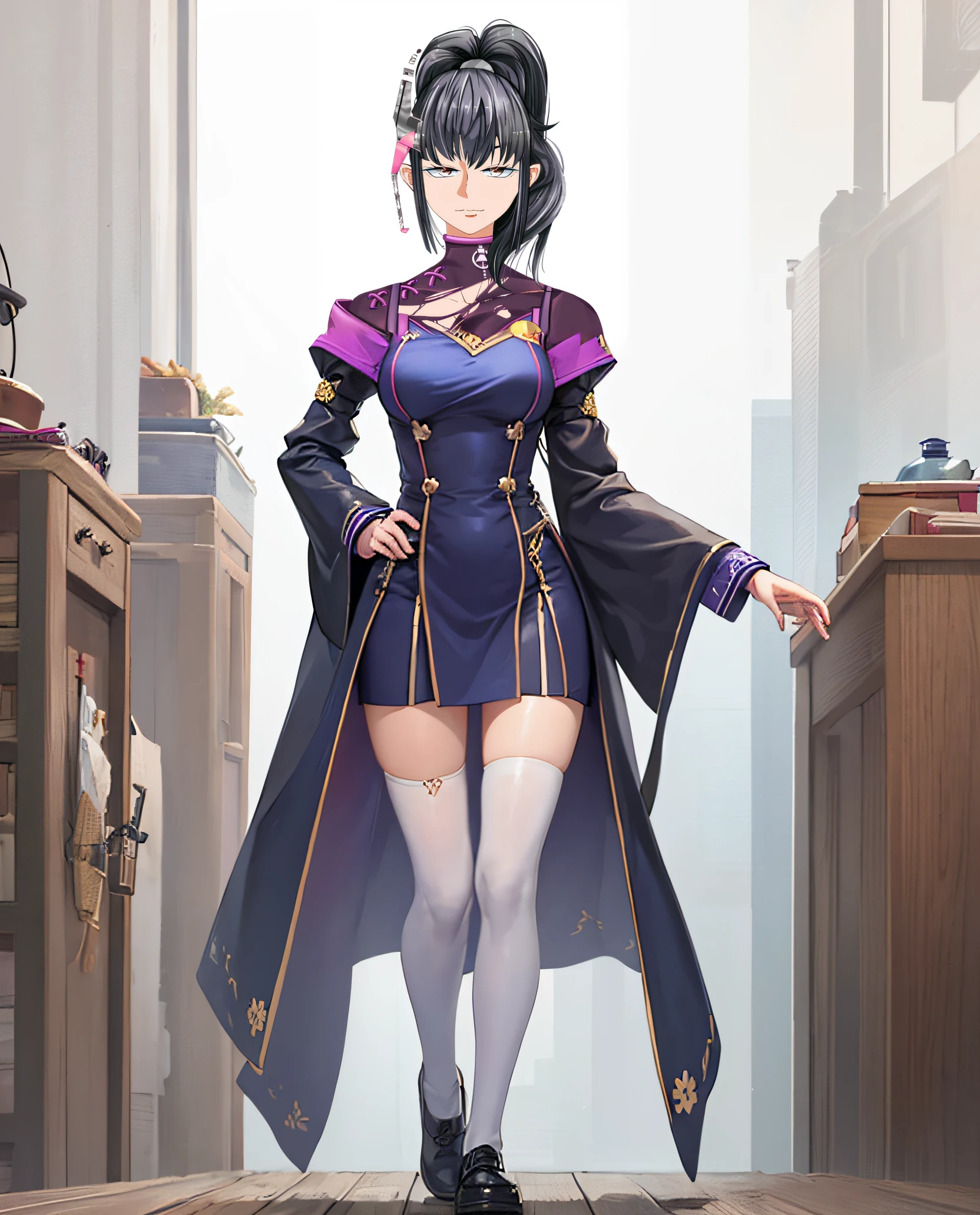 A girl, black hair, purple shiny hair, hands behind her back, blue cheongsam, blue clothes, full body photo, standing, leaky shoulders, smile, white tights,