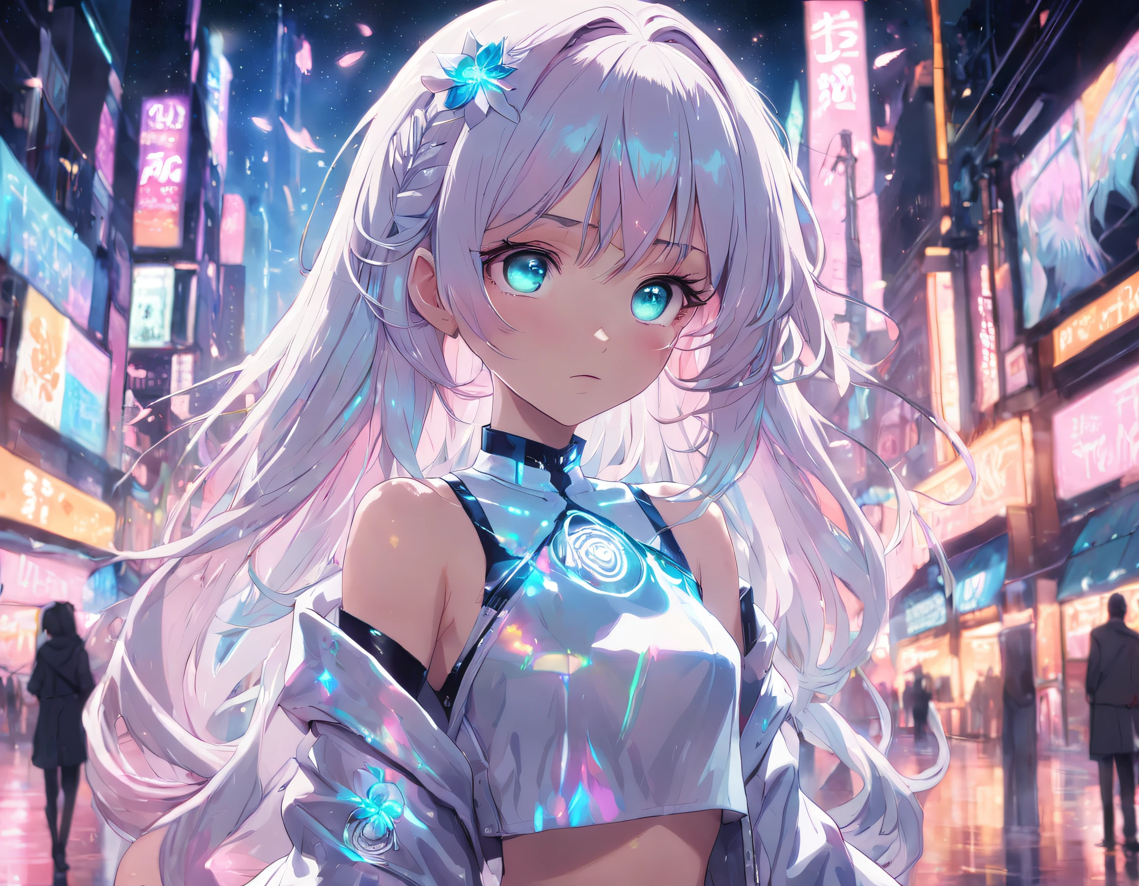 Realistic, Anime style, 1girll, holographic hair, Heterochromic eyes, Glowing eyes, Holographic crop top, Hologram skirt, parted lip, Blush, Night, White roses, pastels, glitters