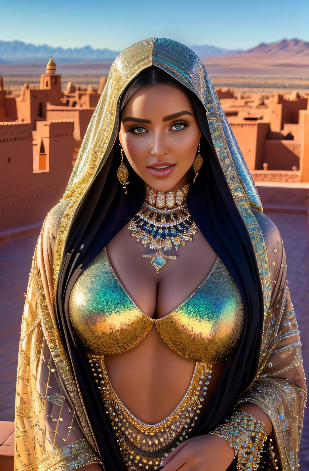 ((Ouarzazate in background)), photo of alluring Abigail beautiful woman sparkling splashing rainbows, ((bright eyes)), super long braids, glistening, dripping exotic jewelry, iridescent, hooded abaya (masterpiece) (best quality) (detailed) (8k) (HDR) (wallpaper) (cinematic lighting) (sharp focus) (intricate)