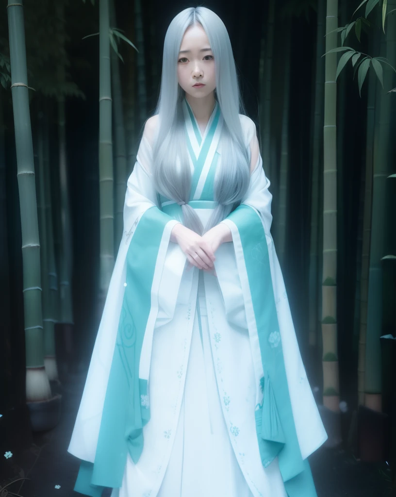 Kaguya otsutsuki. A woman was standing at the edge of the bamboo grove. She was seen wearing a silver wig. With long hair that almost touched the silver colored ground too. He had a white as snow. And he looked down at the camera. So pretty and realistic