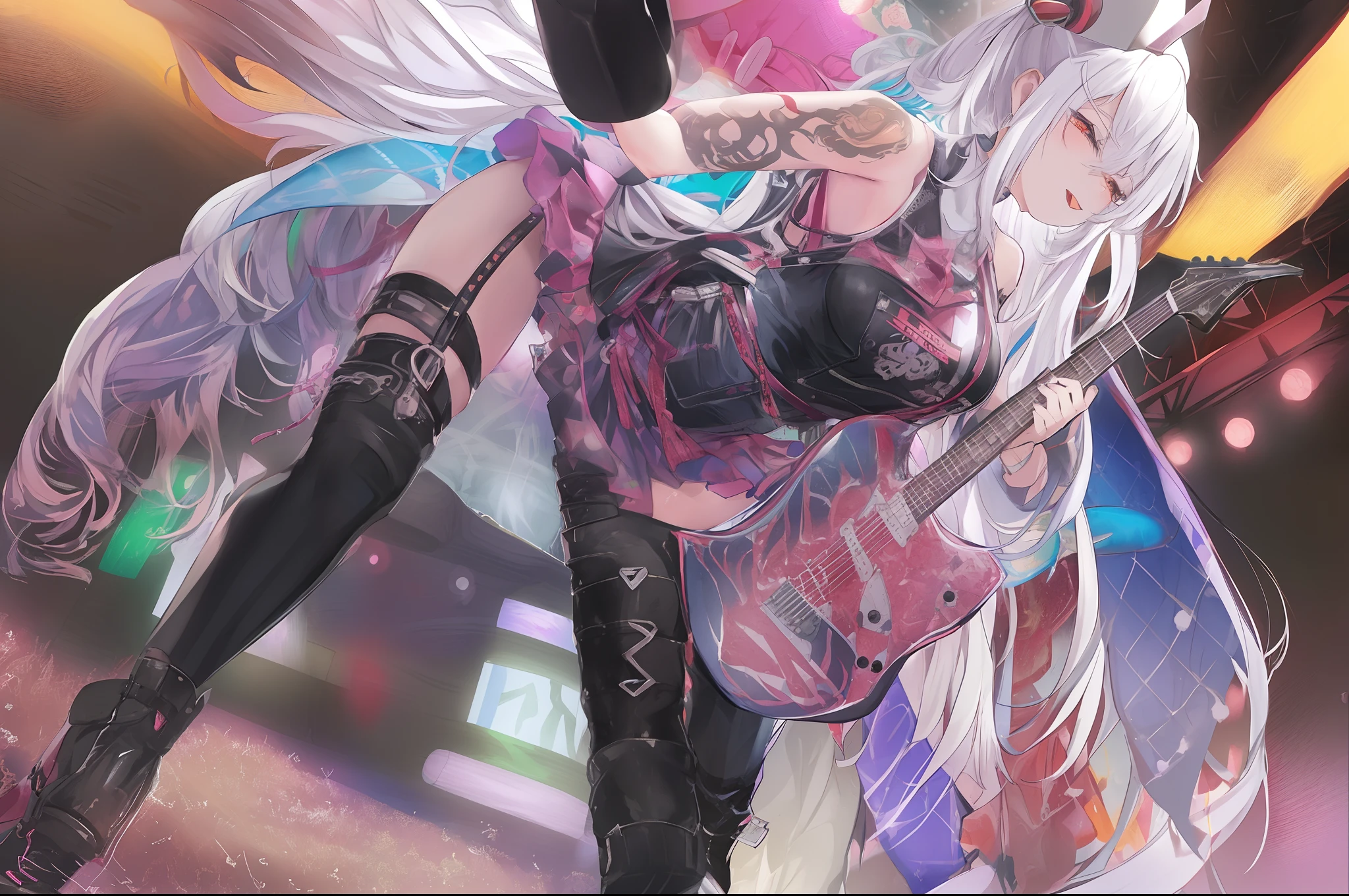 A 17-year-old Japanese girl with vibrant hair colors, long hair, daring hair styling, slender figure, plump cheeks. She embodies the punk rock aesthetic, dressed like a punk rocker with bold attire, large sunglasses, a defiant expression. She stands at 170 centimeters tall, weighs 30 kilograms, wears long boots, with her thighs visible under a red pleated skirt. Adorned with numerous silver accessories. Depict with distinct outlines, using colors other than black for the outlines, using colorful hues for the outlines. She's into girls' rock, punk, electric guitar, vibrant colors, stages, and backed by a band. An underground clubhouse with colorful lighting amidst the darkness. Colorful candies resembling mountains of treats are plentiful, strewn all around. A tall, well-built man with blonde hair is present, adorned with tattoos, a nose piercing, and a split tongue.
