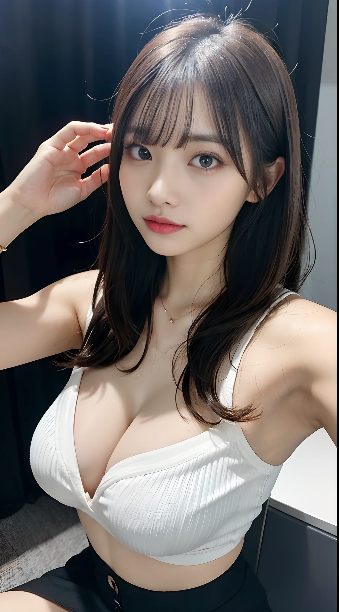 1girl in,Modern office room,the panorama,low angles,(Angle looking up from below),(Full body),Sitting on a desk,((Wear a see-through light shirt)),((Wearing a tight white miniskirt)),(Slender body),A little underwear is visible,White underwear, model with attractive body, (Colossal tits), ((cleavage of the breast)),(( nippleless)),Japan Person Model,(((Beautiful expression))),(((big eye))),(((Beautiful eyes))),(((long lashes))),((Beautiful teeth alignment)),Sultry body with sexy belly, Gorgeous young Korean woman, Japanese Models, gorgeous chinese model, Attractive body, Beautiful Asian Girl, photo of slim girl model, beautiful Korean women, Beautiful young Korean woman, Sexy body, Sexy Girl, Beautiful body and face, Korean Girl、Sensual black underlight brown hair, Brown hair, Floating hair, oblique bangs, asymmetrical bangs, Parted lips, surrealism, Chiaroscuro, depth of fields, One-person viewpoint, Eye-Level Shot, 85 mm, canon, F/1.2, foreshortening, nffsw, retinas, masutepiece, ccurate, Anatomically correct, Textured skin, Super Detail, high details, High quality, awardwinning, Best Quality, hight resolution, 1080p, hard disk, 4K, 8K