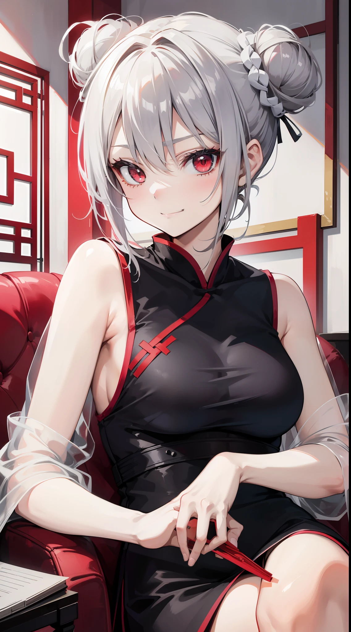 young girl, short gray hair, hair in a bun, red-eyes, smirk, grey chinese dress, translucent, fan, smirk, Sits, Masterpiece, hiquality