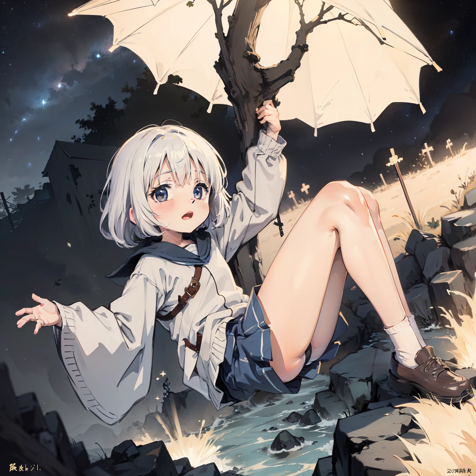 starry sky bright,,elementary student,Girl Falls from the Sky solo, (with short white hair:1.2),