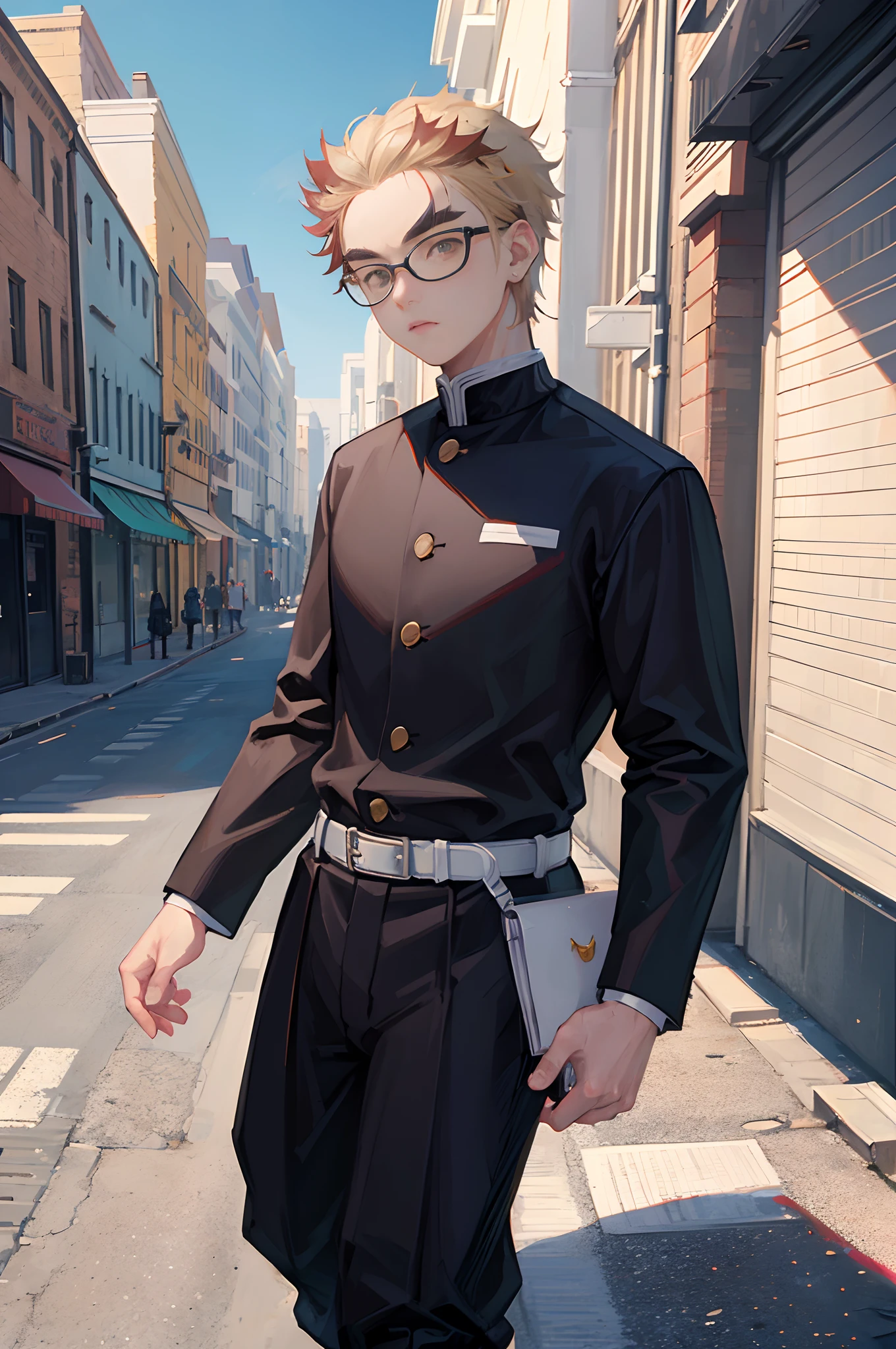 1 boy, wearing a black jacket, city background, wearing baggy clothes, bright brown pants and white belt, wearing glasses, walking on street, blue sky, high reaolution, ultra sharp, 8k, masterpeice, Demon Slayer, looking at viewer, anime boy, hyper detailed