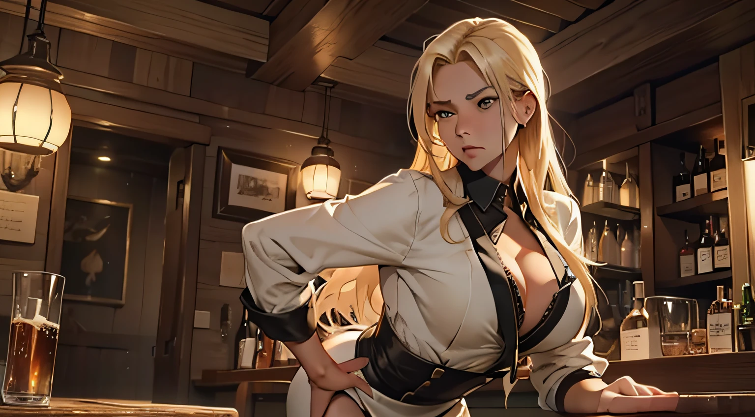 (4K, Best picture quality, A high resolution:1.1), (Masterpiece:1.1)Western Bar Girl,in the bar,Greetings business,Blonde hair, long whitr hair,Bend over,He looked uneasy,Speak secretly