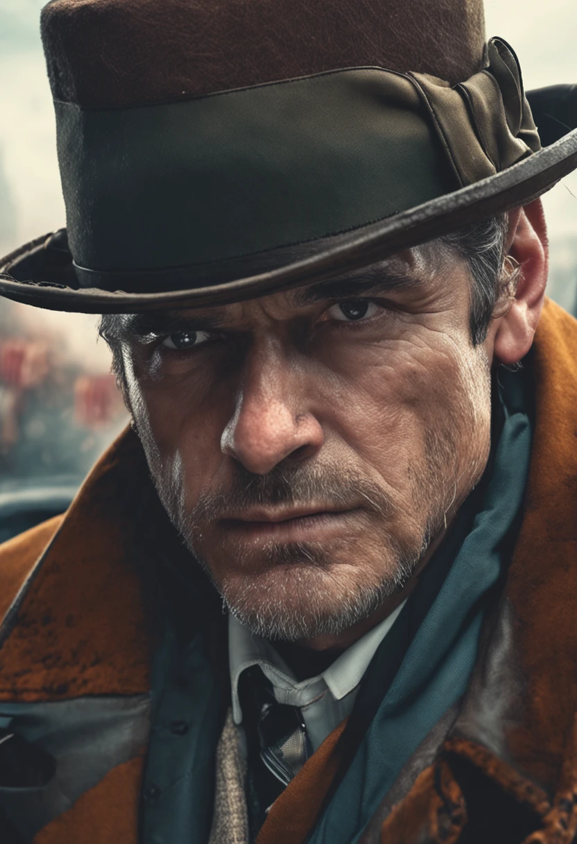 Close-up of the mysterious man's face in an overcoat and hat. He has determined eyes and a scar on his face.
