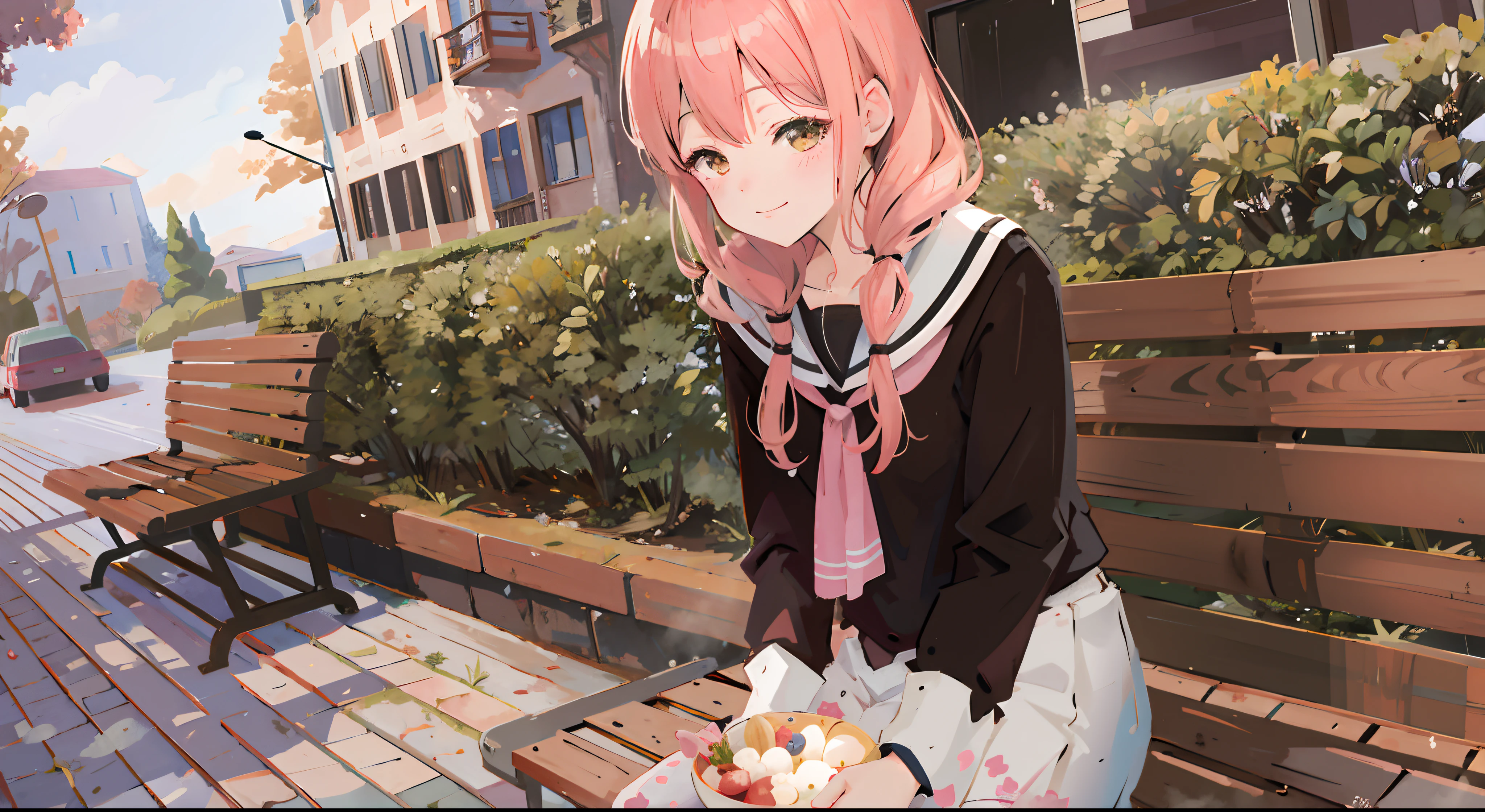 Anime girl sitting on a bench, smooth anime cg art, anime visual of a cute girl, marin kitagawa fanart, haruno sakura, kawaii realistic portrait, render of april, inspired by Eizan Kikukawa, hints of yayoi kasuma, Serene smile, shirabii, made with anime painter studio