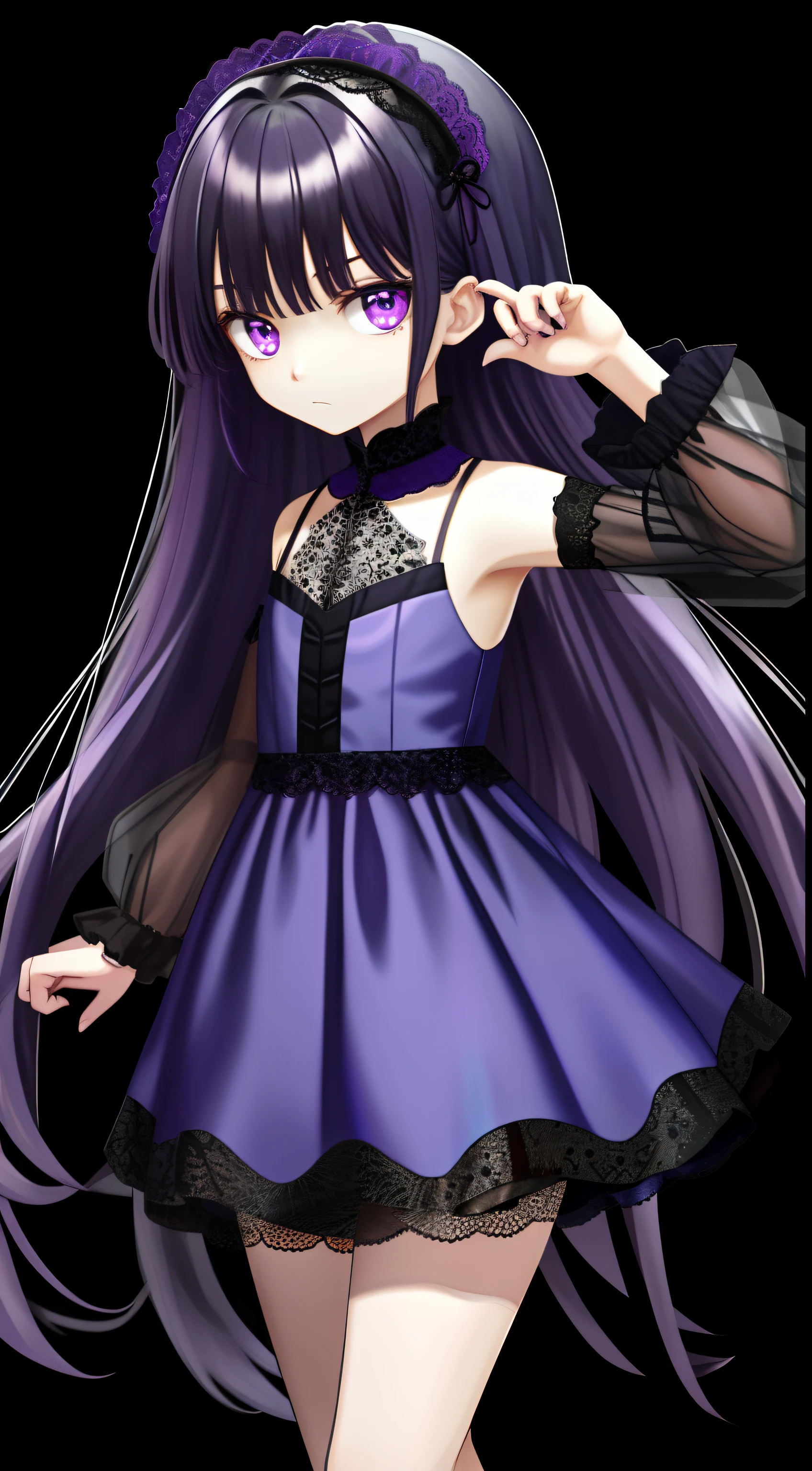 Purple eye,Hair is black and straight,Wearing a blue dress lace,Light transparent material,Indifferent little loli