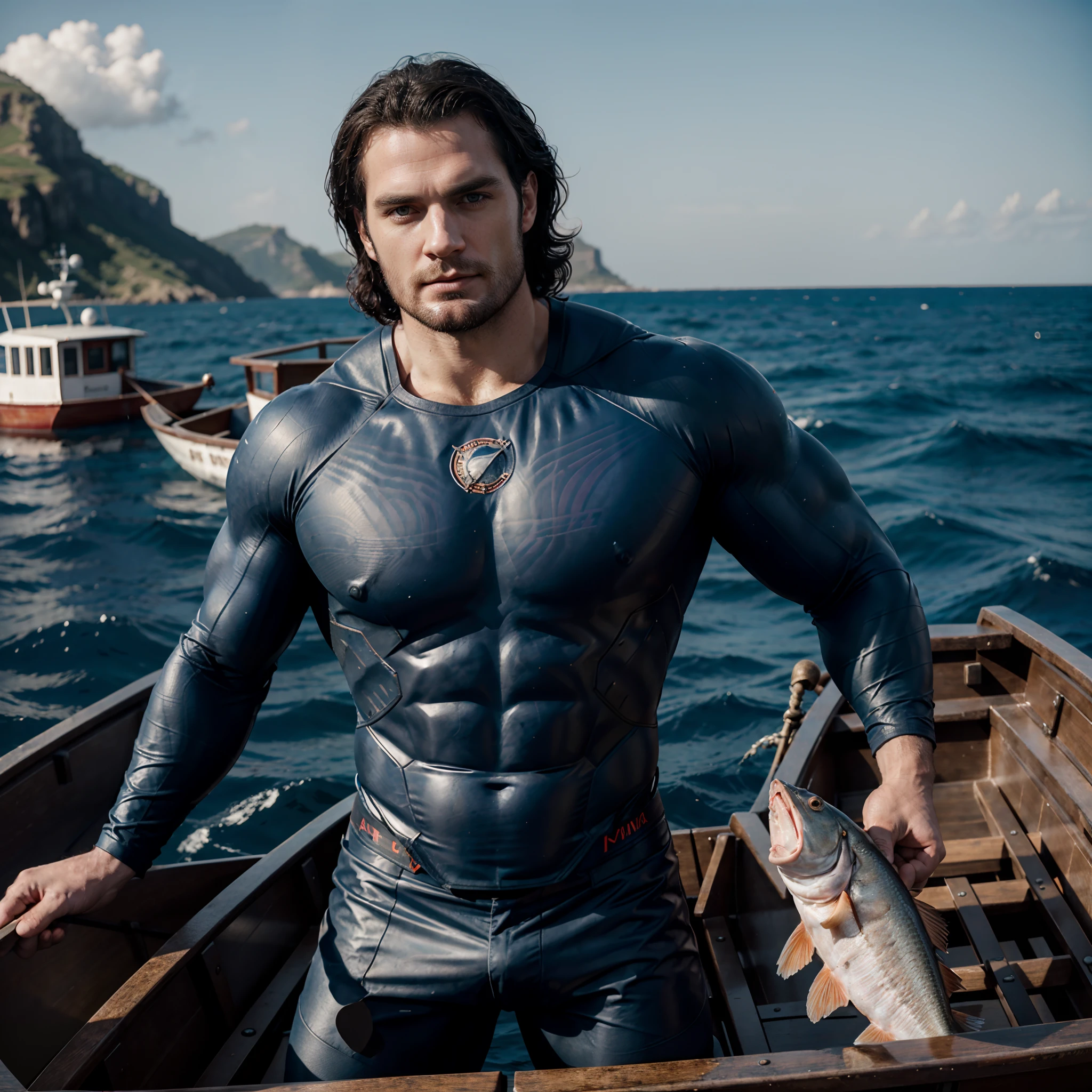 Photograph of a Henry Cavill as Jesus holding a big fish in his arms on a row boat in the ocean, blue eyes, muscular, warm atmosphere, Captured by Panavision Panaflex Platinum Camera with Panavision Primo Primes Spherical Lens 50mm T1.9