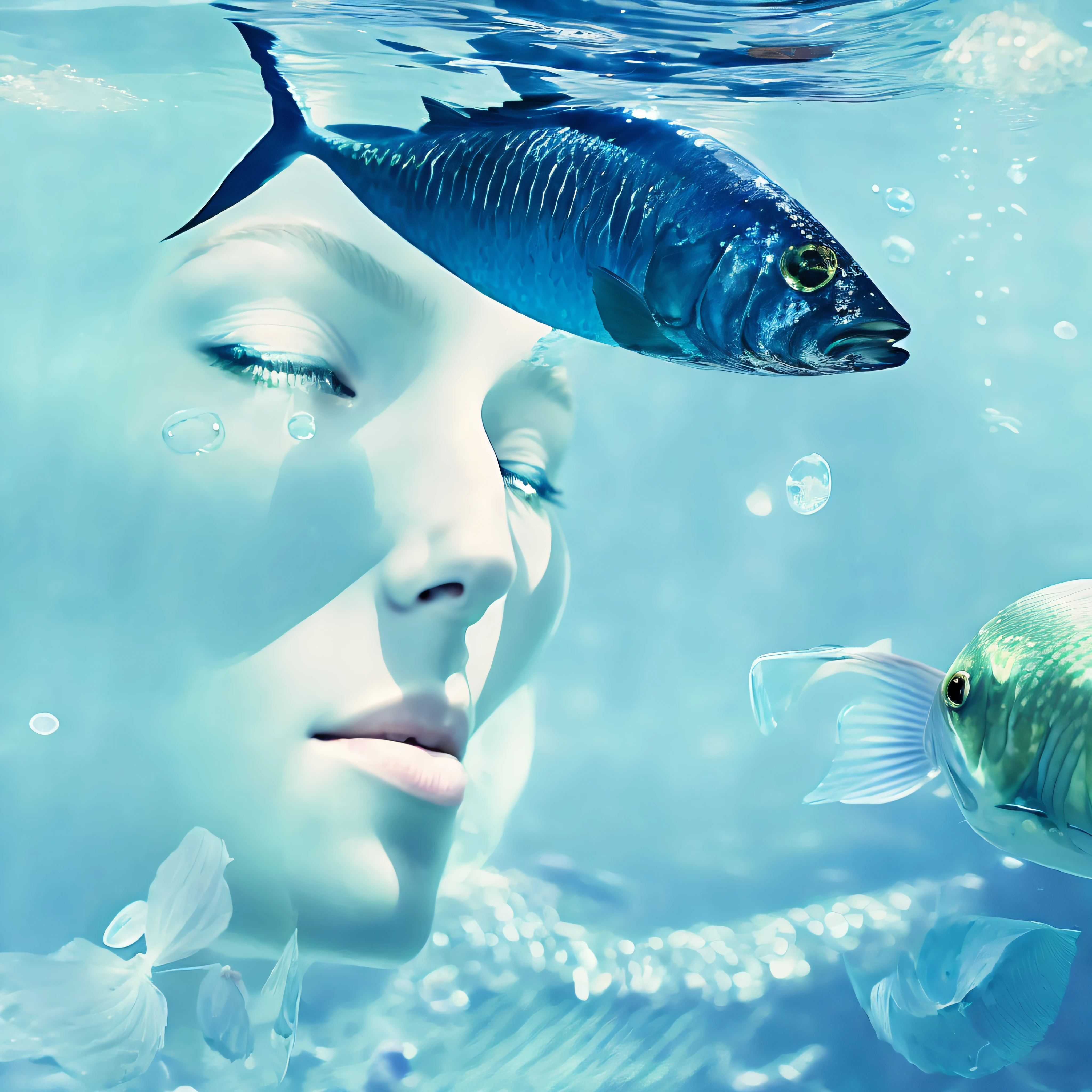 There was a woman in the water with a fish and a fish, underwater face, portrait of a woman underwater, fishes swimming, humans hide in the underwater, Fish swimming, submerged in water, closeup fantasy with water magic, surreal water art, see fishes swimming, swimming deep underwater, underwater photo, goddess of the sea, underwater view, author:Kurt Roesch
